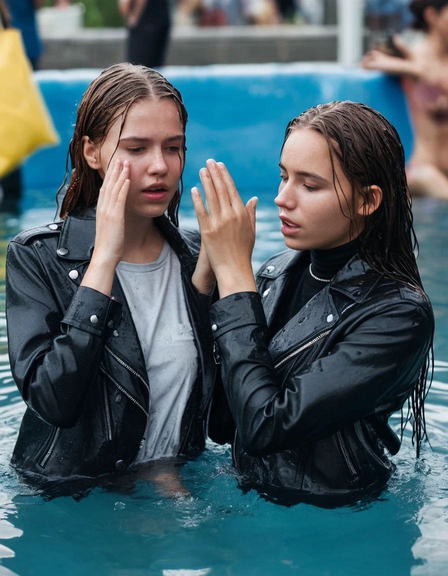 photo of young woman, in soaking wet, drenched clothes,
ankle boots, tight skinny jeans, slim fit black biker leatherjacket, tight white turtleneck sweater, handbag, pearl necklace, two fifteen years old blonde teenage girls holds her whole hand over her mouth and nose submerged in a pool of a crowded pool party, open mouth, big eyes, 
enjoying, wet clothes stuck to body,
detailed textures of the wet clothes, wet face, wet plastered hair,
wet, drenched, professional, high-quality details, full body view.
sharp focus, ultra-high pixel detail, realistic, high-quality, full colors, incredibly detailed, 4k, 8k, 16k, hyper-realistic, RAW photo, masterpiece, ultra-detailed, professionally color graded, professional photograph, two girls, fifteen years old, completely soaked, completely dripping wet from head to toe, very wet clothes, sleek long straight hair, frightened worried and embarrassed facial expression, slight yawn, moaning, all girls wear different clothes, soaking her handbag in the water, a lot of people stands in the background, close-up, view from above, highest realistic representation,  highest ultra sharp focus, highest photorealistic detailed facial features and expressions, highest photorealistic hands, highest best quality, highest photorealistic details, highest photorealistic wet clothes, full UHD resolution, highest photorealistic sharpness of the image, 32 K, wet skin, wet clothes, damp fabric