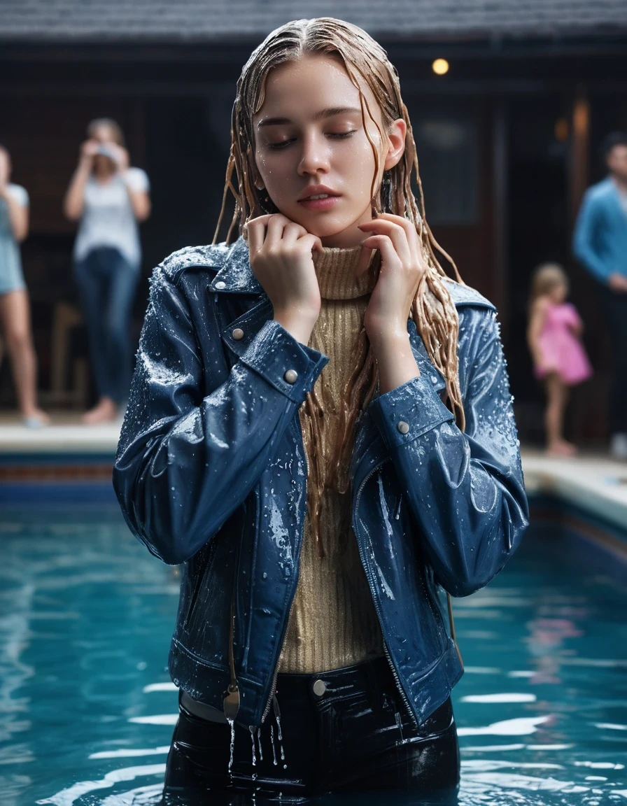 photo of young woman, in soaking wet, drenched clothes,
ankle boots, soaked trough long skinny glistening jeans, slim fit black biker leatherjacket, tight beige turtleneck sweater, handbag, pearl necklace, scarf, two young blonde teenage girls holds her whole hand over her mouth and nose emerge in a pool at a crowded pool party at night, one whispers a secret into the other's ear, open mouth, big eyes, 
enjoying, wet clothes stuck to body,
detailed textures of the wet clothes, wet face, wet plastered hair,
wet, drenched, professional, high-quality details, full body view.
sharp focus, ultra-high pixel detail, realistic, high-quality, full colors, incredibly detailed, 4k, 8k, 16k, hyper-realistic, RAW photo, masterpiece, ultra-detailed, professionally color graded, professional photograph, Fifteen years old, completely soaked, completely dripping wet from head to toe, very wet clothes, sleek long straight hair, worried and embarrassed facial expression, slight yawn, moaning, all girls wear different styles of clothes, soaking her handbag in the water, a lot of people stands in the background, close-up, view from above, highest realistic representation,  highest ultra sharp focus, highest photorealistic detailed facial features and expressions, highest photorealistic hands, highest best quality, highest photorealistic details, highest photorealistic wet clothes, full UHD resolution, highest photorealistic sharpness of the image, 32 K, wet skin, wet clothes, damp fabric