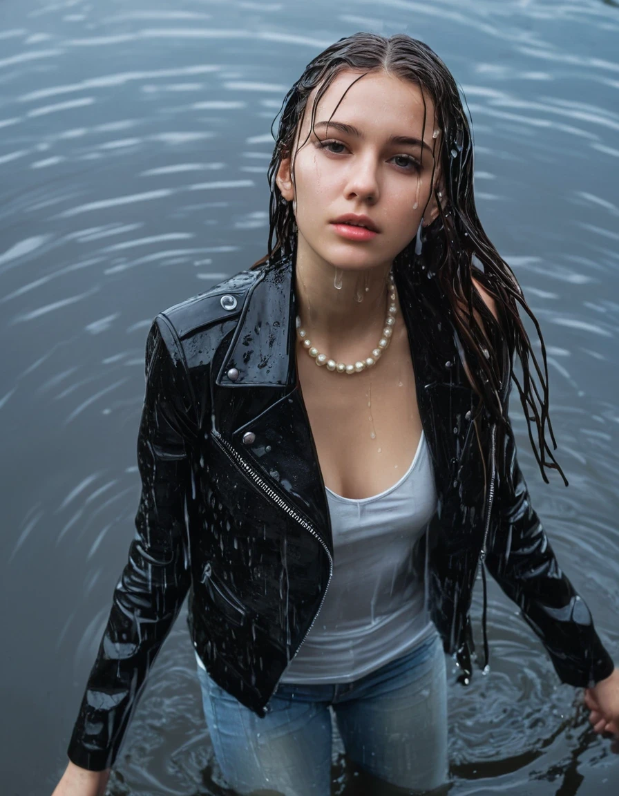 photo of young woman, in soaking wet, drenched clothes,
ankle boots, dripping wet super skin tight light white denim jeans, slim fit black biker leatherjacket,  tight sexy tshirt with wide necklace, handbag, pearl necklace, Fifteen years horny blonde teenage girl with her Friends hold her hand over mouth and nose posing completely soaked deep submerged into water for a picture near a crowded dock, open mouth, big eyes , 
enjoying, wet clothes stuck to body,
detailed textures of the wet clothes, wet face, wet plastered hair,
wet, drenched, professional, high-quality details, full body view.
sharp focus, ultra-high pixel detail, realistic, high-quality, full colors, incredibly detailed, 4k, 8k, 16k, hyper-realistic, RAW photo, masterpiece, ultra-detailed, professionally color graded, professional photograph, Fifteen years old, completely soaked, completely dripping wet from head to toe, very wet clothes, sleek long straight hair, worried and embarrassed facial expression, slight yawn, moaning,  all girls wear different styles of clothes, she soakes her handbag into the water, a lot of people stands in the background, close-up, view from above, highest realistic representation, ultra sharp focus, highest photorealistic detailed facial features and expressions, highest photorealistic hands, highest best quality, highest photorealistic details, highest photorealistic wet clothes, full UHD resolution, highest photorealistic sharpness of the image, 32 K, wet skin, wet clothes, damp fabric
