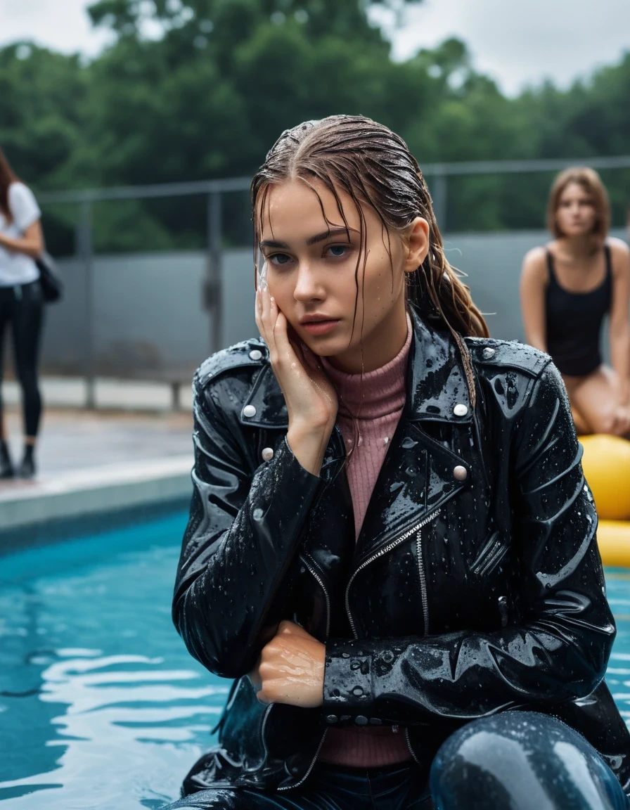photo of young woman, in soaking wet, drenched clothes,
ankle boots, super skin tight denim jeans, slim fit black biker leatherjacket, tight slight pink knit turtleneck sweater, handbag, Two completely soaked and drenched embarrased blonde teenage girls holds her hand over mouth and nose lying submerged into a public pool at pool party with a lot of party people, open mouth, big eyes, 
enjoying, wet clothes stuck to body,
detailed textures of the wet clothes, wet face, wet plastered hair,
wet, drenched, professional, high-quality details, full body view.
sharp focus, ultra-high pixel detail, realistic, high-quality, full colors, incredibly detailed, 4k, 8k, 16k, hyper-realistic, RAW photo, masterpiece, ultra-detailed, professionally color graded, professional photograph, Two Girls completely soaked, completely drenched wet, sleek long straight hair, sleek ponytail, lovesick worried and embarrassed facial expression, slight yawn, moaning, all girls wear different styles of clothes, carrying a dripping wet smal handbag, a lot of people stands in the background, close-up, view from above, highly realistic representation, ultra sharp focus, highly photorealistic detailed textures, highly photorealistic detailed facial features and expressions, highly photorealistic hands, highly emotional reactions, highly best quality, highly sharp photorealistic image, highly photorealistic details, highest photorealistic details of wet clothes, full UHD resolution, highest photorealistic sharpness of the image, 32 K, very high level of detail and image sharpness, zoomed in, wet skin, wet clothes, damp fabric, wet skin, wet clothes, damp fabric