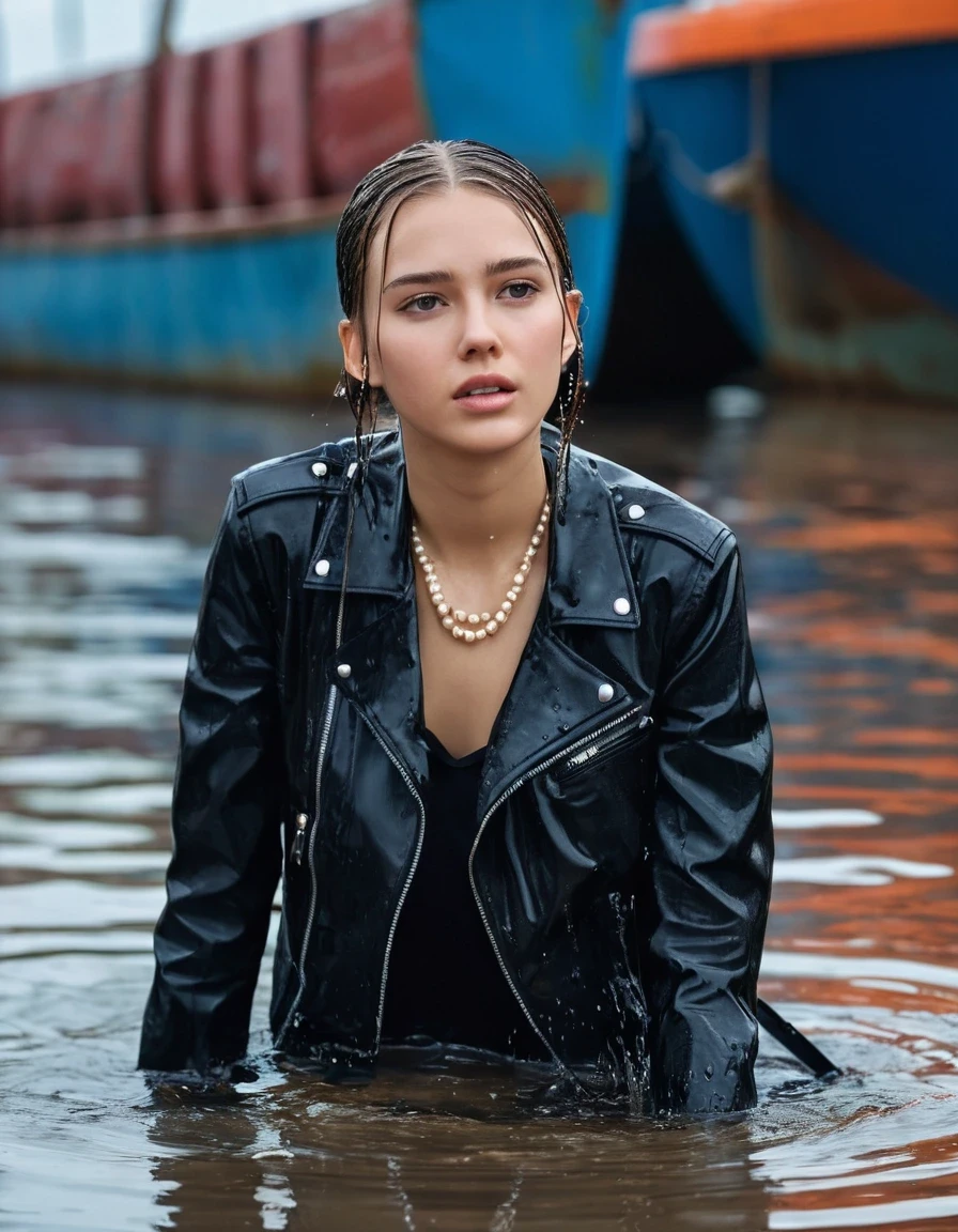 photo of young woman, in soaking wet, drenched clothes,
ankle boots, dripping wet super skin tight light white denim jeans, slim fit black biker leatherjacket,  tight sexy tshirt with wide necklace, handbag, pearl necklace, Fifteen years horny blonde teenage girl with her Friends hold her hand over mouth and nose posing completely soaked deep submerged into water for a picture near a crowded dock, open mouth, big eyes , 
enjoying, wet clothes stuck to body,
detailed textures of the wet clothes, wet face, wet plastered hair,
wet, drenched, professional, high-quality details, full body view.
sharp focus, ultra-high pixel detail, realistic, high-quality, full colors, incredibly detailed, 4k, 8k, 16k, hyper-realistic, RAW photo, masterpiece, ultra-detailed, professionally color graded, professional photograph, Fifteen years old, completely soaked, completely dripping wet from head to toe, very wet clothes, sleek long straight hair, sleek ponytail, worried and embarrassed facial expression, slight yawn, moaning,  all girls wear different styles of clothes, she soakes her handbag into the water, a lot of people stands in the background, close-up, view from above, highest realistic representation, ultra sharp focus, highest photorealistic detailed facial features and expressions, highest photorealistic hands, highest best quality, highest photorealistic details, highest photorealistic wet clothes, full UHD resolution, highest photorealistic sharpness of the image, 32 K, wet skin, wet clothes, damp fabric