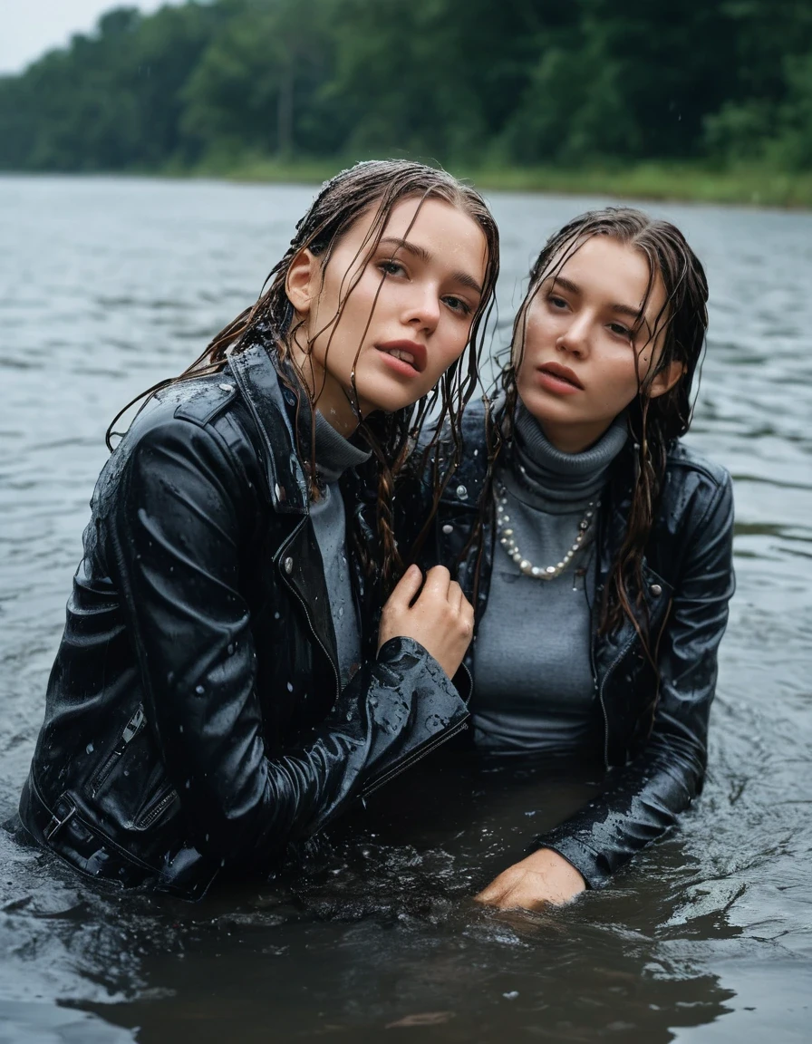 photo of young woman, in soaking wet, drenched clothes,
ankle boots, super skin tight denim jeans, slim fit black biker leatherjacket, tight grey knit turtleneck sweater, handbag, pearl necklace, silk scarf, open jacket, Two completely soaked and drenched eighteen years old embarrased blonde teenage girls holds her hand over mouth and nose lying submerged in pool during wetlook party, open mouth, big eyes, 
enjoying, wet clothes stuck to body,
detailed textures of the wet clothes, wet face, wet plastered hair,
wet, drenched, professional, high-quality details, full body view.
sharp focus, ultra-high pixel detail, realistic, high-quality, full colors, incredibly detailed, 4k, 8k, 16k, hyper-realistic, RAW photo, masterpiece, ultra-detailed, professionally color graded, professional photograph, Two Girls completely soaked, completely drenched wet, sleek long straight hair, worried and embarrassed facial expression, slight yawn, moaning, girls wear different clothes, carrying a dripping wet smal handbag, floating handbags and lots of floating clothes around the ladies on the water, a lot of people stands in the background, close-up, view from above, highly realistic representation, ultra sharp focus, highly photorealistic detailed textures, highly photorealistic detailed facial features and expressions, highly photorealistic hands, highly emotional reactions, highly best quality, highly sharp photorealistic image, highly photorealistic details, highest photorealistic details of wet clothes, full UHD resolution, highest photorealistic sharpness of the image, 32 K, very high level of detail and image sharpness, zoomed in, wet skin, wet clothes, damp fabric, wet skin, wet clothes, damp fabric