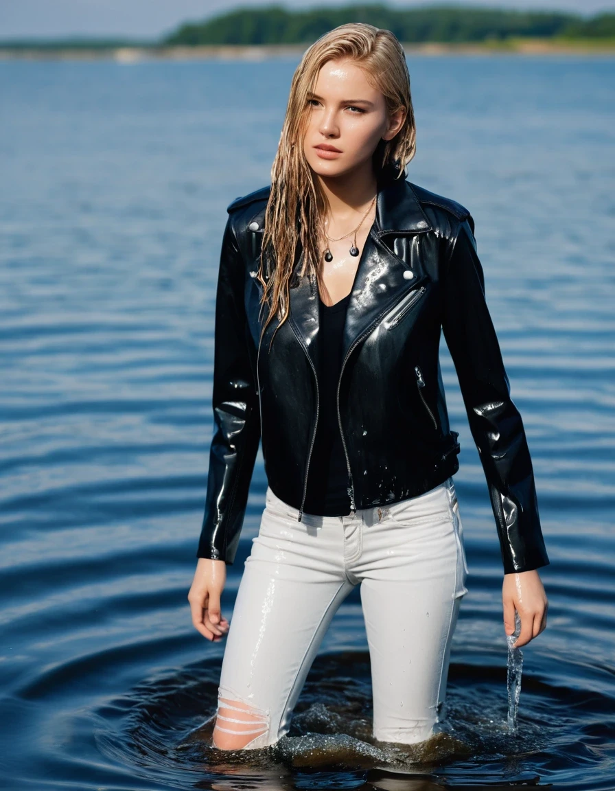 photo of young woman, in soaking wet, drenched clothes,
ankle boots, dripping wet super skin tight light white denim jeans, slim fit black biker leatherjacket,  tight sexy tshirt with wide necklace, handbag, pearl necklace, young embarrassed blonde teenage girl holds her hand over her mouth take a dip deep submerged into water near a crowded dock, open mouth, big eyes , 
enjoying, wet clothes stuck to body,
detailed textures of the wet clothes, wet face, wet plastered hair,
wet, drenched, professional, high-quality details, full body view.
sharp focus, ultra-high pixel detail, realistic, high-quality, full colors, incredibly detailed, 4k, 8k, 16k, hyper-realistic, RAW photo, masterpiece, ultra-detailed, professionally color graded, professional photograph, completely soaked, completely dripping wet from head to toe, very wet clothes, sleek long straight hair, worried and embarrassed facial expression, slight yawn, moaning,  all girls wear different styles of clothes, she soakes her handbag into the water, a lot of people stands in the background, close-up, view from above, highest realistic representation, ultra sharp focus, highest photorealistic detailed facial features and expressions, highest photorealistic hands, highest best quality, highest photorealistic details, highest photorealistic wet clothes, full UHD resolution, highest photorealistic sharpness of the image, 32 K, wet skin, wet clothes, damp fabric