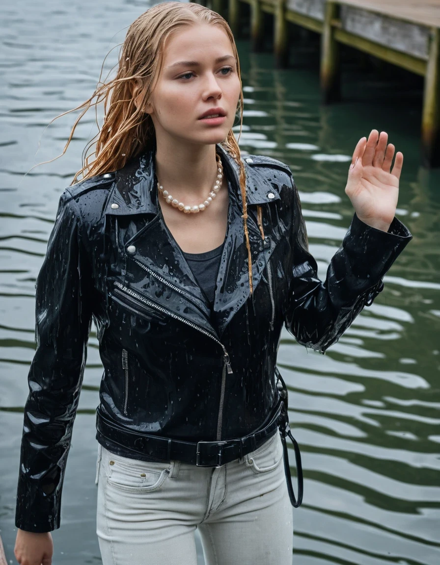 photo of young woman, in soaking wet, drenched clothes,
ankle boots, dripping wet super skin tight light white denim jeans, slim fit black biker leatherjacket,  tight sexy tshirt with wide necklace, handbag, pearl necklace, young embarrassed blonde teenage girl hold her hand over her mouth take a dip deep submerged into water near a crowded dock, open mouth, big eyes , 
enjoying, wet clothes stuck to body,
detailed textures of the wet clothes, wet face, wet plastered hair,
wet, drenched, professional, high-quality details, full body view.
sharp focus, ultra-high pixel detail, realistic, high-quality, full colors, incredibly detailed, 4k, 8k, 16k, hyper-realistic, RAW photo, masterpiece, ultra-detailed, professionally color graded, professional photograph, completely soaked, completely dripping wet from head to toe, very wet clothes, sleek long straight hair, worried and embarrassed facial expression, slight yawn, moaning,  all girls wear different styles of clothes, she soakes her handbag into the water, a lot of people stands in the background, close-up, view from above, highest realistic representation, ultra sharp focus, highest photorealistic detailed facial features and expressions, highest photorealistic hands, highest best quality, highest photorealistic details, highest photorealistic wet clothes, full UHD resolution, highest photorealistic sharpness of the image, 32 K, wet skin, wet clothes, damp fabric