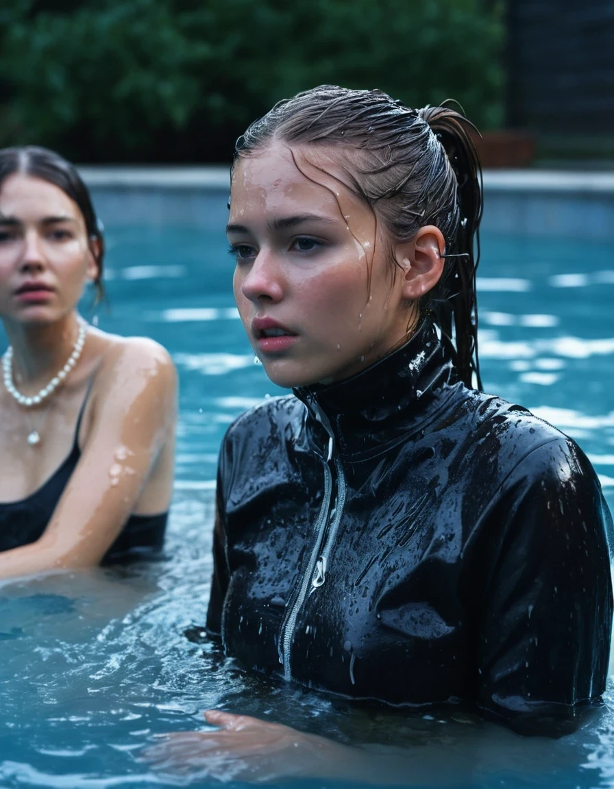 photo of young woman, in soaking wet, drenched clothes,
ankle boots, soaked trough white long skinny glistening jeans, slim fit black biker leatherjacket, tight beige turtleneck sweater, handbag, pearl necklace, scarf, Fifteen years old embarrassed horny blonde teenage girl with her Friends holds her whole hand over her mouth and nose posing deep submerged for a picture at a pool party at night, open mouth, big eyes, 
enjoying, wet clothes stuck to body,
detailed textures of the wet clothes, wet face, wet plastered hair,
wet, drenched, professional, high-quality details, full body view.
sharp focus, ultra-high pixel detail, realistic, high-quality, full colors, incredibly detailed, 4k, 8k, 16k, hyper-realistic, RAW photo, masterpiece, ultra-detailed, professionally color graded, professional photograph, Fifteen years old, completely soaked, completely dripping wet from head to toe, very wet clothes, sleek ponytail, worried and embarrassed facial expression, slight yawn, moaning, all girls wear different styles of clothes, soaking her handbag in the water, a lot of people stands in the background, close-up, view from above, highest realistic representation,  highest ultra sharp focus, highest photorealistic detailed facial features and expressions, highest photorealistic hands, highest best quality, highest photorealistic details, highest photorealistic wet clothes, full UHD resolution, highest photorealistic sharpness of the image, 32 K, wet skin, wet clothes, damp fabric