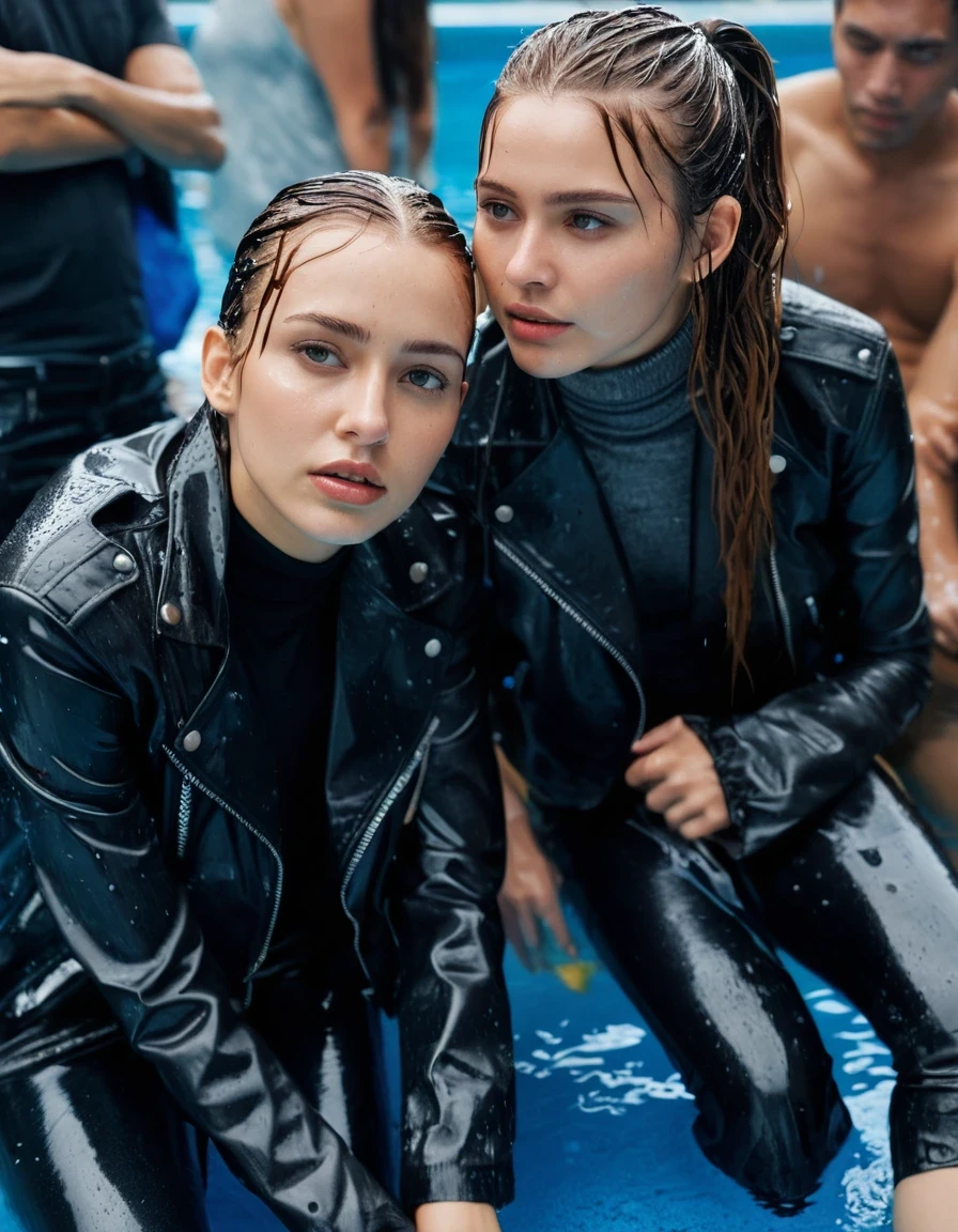 photo of young woman, in soaking wet, drenched clothes,
ankle boots, super skin tight denim jeans, slim fit black biker leatherjacket, tight slight pink knit turtleneck sweater, handbag, Two completely soaked and drenched embarrased blonde teenage girls holds her hand over mouth and nose lying submerged into a public pool at pool party with a lot of party people, open mouth, big eyes, 
enjoying, wet clothes stuck to body,
detailed textures of the wet clothes, wet face, wet plastered hair,
wet, drenched, professional, high-quality details, full body view.
sharp focus, ultra-high pixel detail, realistic, high-quality, full colors, incredibly detailed, 4k, 8k, 16k, hyper-realistic, RAW photo, masterpiece, ultra-detailed, professionally color graded, professional photograph, Two Girls completely soaked, completely drenched wet, sleek long straight hair, sleek ponytail, lovesick worried and embarrassed facial expression, slight yawn, moaning, all girls wear different styles of clothes, carrying a dripping wet smal handbag, a lot of people stands in the background, close-up, view from above, highly realistic representation, ultra sharp focus, highly photorealistic detailed textures, highly photorealistic detailed facial features and expressions, highly photorealistic hands, highly emotional reactions, highly best quality, highly sharp photorealistic image, highly photorealistic details, highest photorealistic details of wet clothes, full UHD resolution, highest photorealistic sharpness of the image, 32 K, very high level of detail and image sharpness, zoomed in, wet skin, wet clothes, damp fabric, wet skin, wet clothes, damp fabric