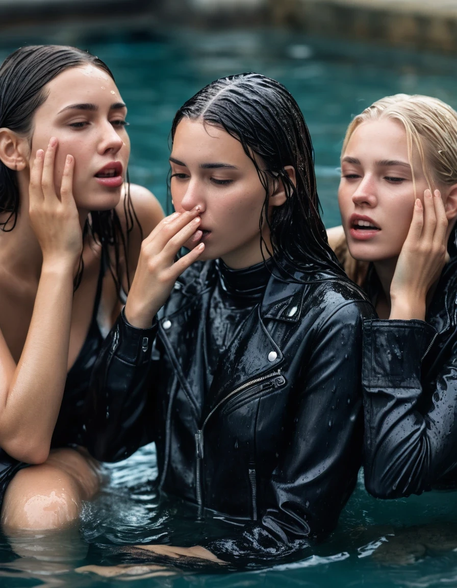 photo of young woman, in soaking wet, drenched clothes,
ankle boots, super skin tight denim jeans, slim fit black biker leatherjacket, tight white turtleneck sweater, handbag, pearl necklace, two young blonde teenage girls holds her whole hand over her mouth and nose submerged in a pool of a crowded pool party, one whispers a secret into the other's ear, open mouth, big eyes, 
enjoying, wet clothes stuck to body,
detailed textures of the wet clothes, wet face, wet plastered hair,
wet, drenched, professional, high-quality details, full body view.
sharp focus, ultra-high pixel detail, realistic, high-quality, full colors, incredibly detailed, 4k, 8k, 16k, hyper-realistic, RAW photo, masterpiece, ultra-detailed, professionally color graded, professional photograph, two girls, completely soaked, completely dripping wet from head to toe, very wet clothes, sleek long straight hair, surprised and embarrassed facial expression, slight yawn, moaning, all girls wear different clothes, soaking her handbag in the water, a lot of people stands in the background, close-up, view from above, highest realistic representation,  highest ultra sharp focus, highest photorealistic detailed facial features and expressions, highest photorealistic hands, highest best quality, highest photorealistic details, highest photorealistic wet clothes, full UHD resolution, highest photorealistic sharpness of the image, 32 K, wet skin, wet clothes, damp fabric