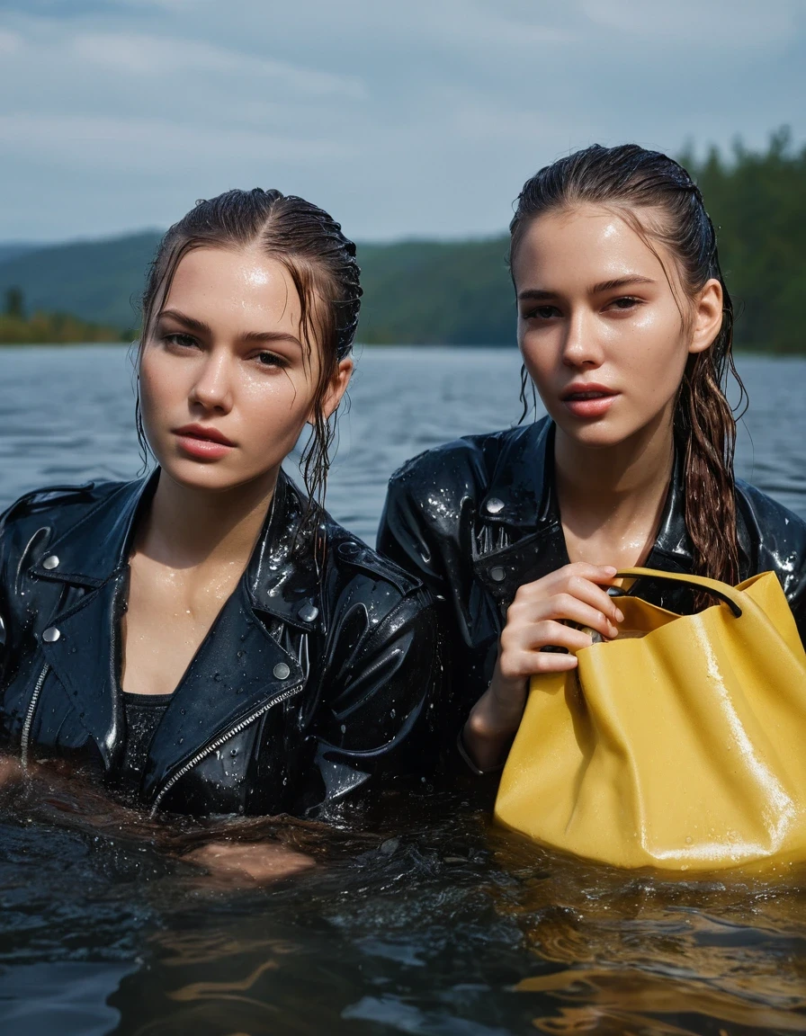 photo of young woman, in soaking wet, drenched clothes,
ankle boots, super skin tight denim jeans, slim fit black biker leatherjacket, tight slight pink knit turtleneck sweater, handbag, Two completely soaked and drenched embarrased blonde teenage girls holds her hand over mouth and nose lying submerged isubmerged in pool during wetlook party, open mouth, 
enjoying, wet clothes stuck to body,
detailed textures of the wet clothes, wet face, wet plastered hair,
wet, drenched, professional, high-quality details, full body view.
sharp focus, ultra-high pixel detail, realistic, high-quality, full colors, incredibly detailed, 4k, 8k, 16k, hyper-realistic, RAW photo, masterpiece, ultra-detailed, professionally color graded, professional photograph, Two Girls completely soaked, completely drenched wet, sleek long straight hair, sleek ponytail, lovesick and embarrassed facial expression, slight yawn, moaning, all girls wear different styles of clothes, carrying a dripping wet smal handbag, floating handbags and lots of floating clothes around the ladies on the water, a lot of people stands in the background, close-up, view from above, highly realistic representation, ultra sharp focus, highly photorealistic detailed textures, highly photorealistic detailed facial features and expressions, highly photorealistic hands, highly emotional reactions, highly best quality, highly sharp photorealistic image, highly photorealistic details, highest photorealistic details of wet clothes, full UHD resolution, highest photorealistic sharpness of the image, 32 K, very high level of detail and image sharpness, zoomed in, wet skin, wet clothes, damp fabric, wet skin, wet clothes, damp fabric