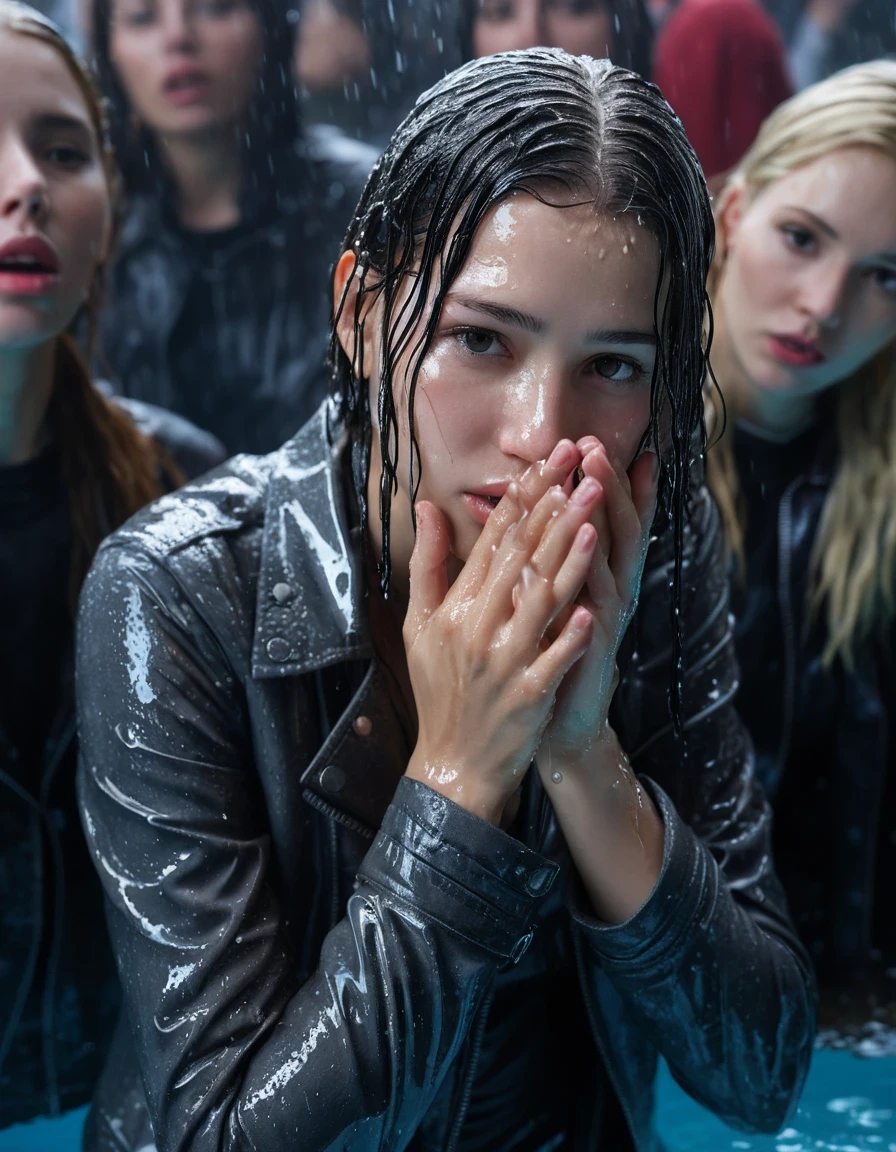 photo of young woman, in soaking wet, drenched clothes,
ankle boots, soaked trough long skinny glistening jeans, slim fit biker leatherjacket, tight grey turtleneck sweater, handbag, pearl necklace, two young blonde teenage girls holds her whole hand over her mouth and nose take a dip in a pool at a crowded pool party at night, one whispers a secret into the other's ear, open mouth, big eyes, 
enjoying, wet clothes stuck to body,
detailed textures of the wet clothes, wet face, wet plastered hair,
wet, drenched, professional, high-quality details, full body view.
sharp focus, ultra-high pixel detail, realistic, high-quality, full colors, incredibly detailed, 4k, 8k, 16k, hyper-realistic, RAW photo, masterpiece, ultra-detailed, professionally color graded, professional photograph, completely soaked, completely dripping wet from head to toe, very wet clothes, sleek long hair, surprised and embarrassed facial expression, slight yawn, moaning, all girls wear different styles of clothes, soaking her handbag in the water, a lot of people stands in the background, close-up, view from above, highest realistic representation,  highest ultra sharp focus, highest photorealistic detailed facial features and expressions, highest photorealistic hands, highest best quality, highest photorealistic details, highest photorealistic wet clothes, full UHD resolution, highest photorealistic sharpness of the image, 32 K, wet skin, wet clothes, damp fabric