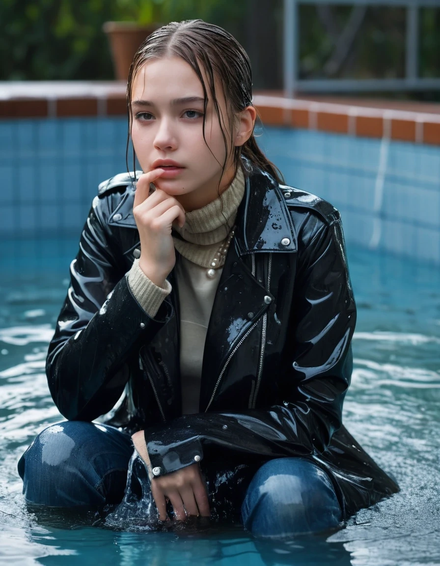 photo of young woman, in soaking wet, drenched clothes,
ankle boots, soaked trough long skinny glistening jeans, slim fit black biker leatherjacket, tight beige turtleneck sweater, handbag, pearl necklace, scarf, Fifteen years old embarrassed horny blonde teenage girl with her Friends holds her whole hand over her mouth and nose posing deep submerged for a picture at a pool party at night, open mouth, big eyes, 
enjoying, wet clothes stuck to body,
detailed textures of the wet clothes, wet face, wet plastered hair,
wet, drenched, professional, high-quality details, full body view.
sharp focus, ultra-high pixel detail, realistic, high-quality, full colors, incredibly detailed, 4k, 8k, 16k, hyper-realistic, RAW photo, masterpiece, ultra-detailed, professionally color graded, professional photograph, Fifteen years old, completely soaked, completely dripping wet from head to toe, very wet clothes, sleek ponytail, worried and embarrassed facial expression, slight yawn, moaning, all girls wear different styles of clothes, soaking her handbag in the water, a lot of people stands in the background, close-up, view from above, highest realistic representation,  highest ultra sharp focus, highest photorealistic detailed facial features and expressions, highest photorealistic hands, highest best quality, highest photorealistic details, highest photorealistic wet clothes, full UHD resolution, highest photorealistic sharpness of the image, 32 K, wet skin, wet clothes, damp fabric