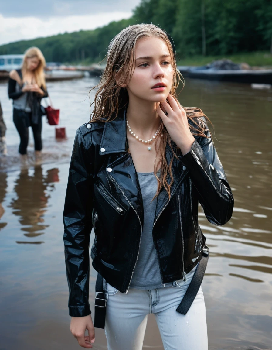 photo of young woman, in soaking wet, drenched clothes,
ankle boots, dripping wet super skin tight light white denim jeans, slim fit black biker leatherjacket,  tight sexy tshirt with wide necklace, handbag, pearl necklace, Fifteen years old embarrassed blonde teenage girl with her Friends hold her hand over mouth and nose posing completely soaked deep submerged into water for a picture near a crowded dock, open mouth, big eyes , 
enjoying, wet clothes stuck to body,
detailed textures of the wet clothes, wet face, wet plastered hair,
wet, drenched, professional, high-quality details, full body view.
sharp focus, ultra-high pixel detail, realistic, high-quality, full colors, incredibly detailed, 4k, 8k, 16k, hyper-realistic, RAW photo, masterpiece, ultra-detailed, professionally color graded, professional photograph, Fifteen years old, completely soaked, completely dripping wet from head to toe, very wet clothes, sleek long straight hair, worried and embarrassed facial expression, slight yawn, moaning,  all girls wear different styles of clothes, she soakes her handbag into the water, a lot of people stands in the background, close-up, view from above, highest realistic representation, ultra sharp focus, highest photorealistic detailed facial features and expressions, highest photorealistic hands, highest best quality, highest photorealistic details, highest photorealistic wet clothes, full UHD resolution, highest photorealistic sharpness of the image, 32 K, wet skin, wet clothes, damp fabric