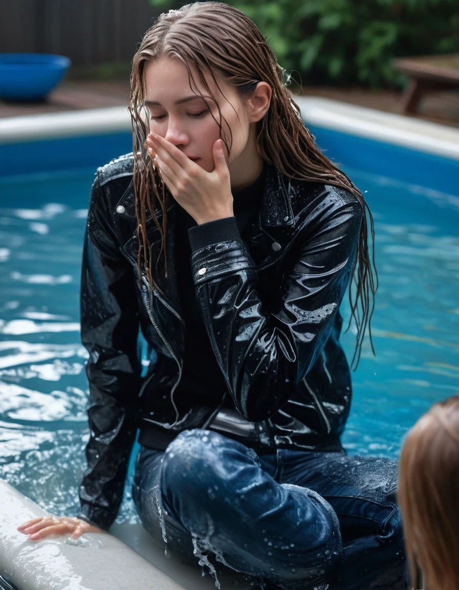 photo of young woman, in soaking wet, drenched clothes,
ankle boots, soaked trough long skinny glistening jeans, slim fit biker leatherjacket, tight knit turtleneck sweater, handbag, pearl necklace, two young blonde teenage girls holds her hand over her mouth and nose take a dip in a pool at a crowded pool party at night, one whispers a secret into the other's ear, open mouth, big eyes, 
enjoying, wet clothes stuck to body,
detailed textures of the wet clothes, wet face, wet plastered hair,
wet, drenched, professional, high-quality details, full body view.
sharp focus, ultra-high pixel detail, realistic, high-quality, full colors, incredibly detailed, 4k, 8k, 16k, hyper-realistic, RAW photo, masterpiece, ultra-detailed, professionally color graded, professional photograph, completely soaked, completely dripping wet from head to toe, very wet clothes, sleek long hair, lovesick and embarrassed facial expression, slight yawn, moaning, all girls wear different styles of clothes, soaking her handbag in the water, a lot of people stands in the background, close-up, view from above, highest realistic representation,  highest ultra sharp focus, highest photorealistic detailed facial features and expressions, highest photorealistic hands, highest best quality, highest photorealistic details, highest photorealistic wet clothes, full UHD resolution, highest photorealistic sharpness of the image, 32 K, wet skin, wet clothes, damp fabric