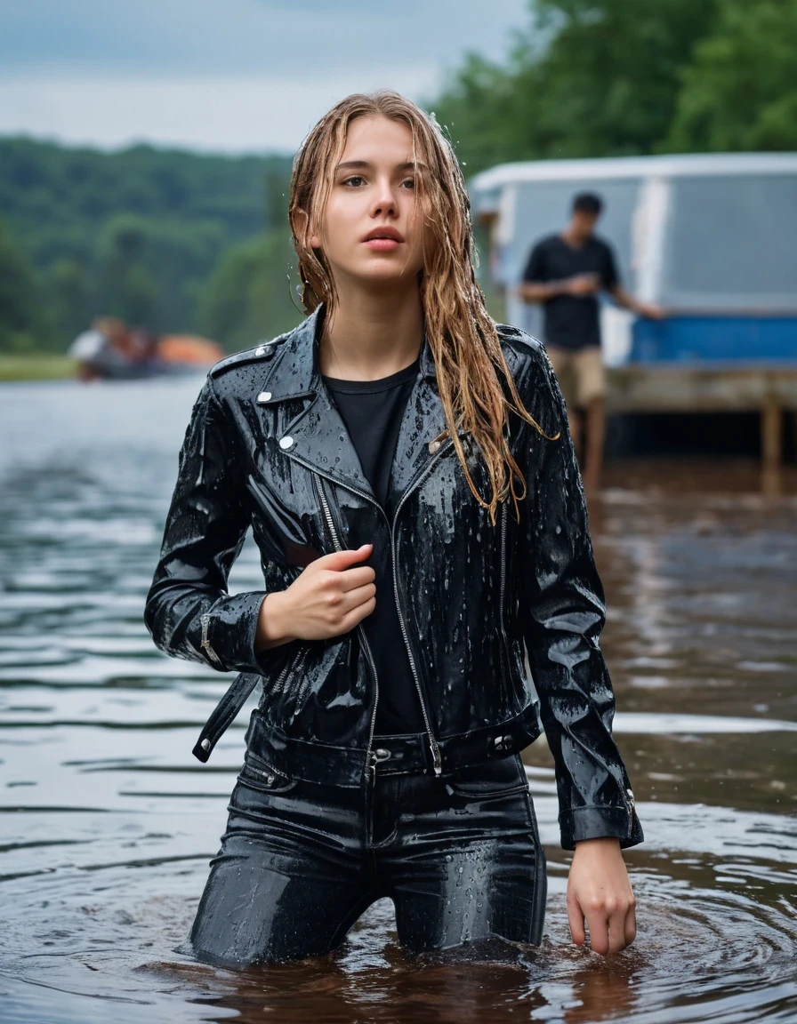 photo of young woman, in soaking wet, drenched clothes,
ankle boots, dripping wet super skin tight light white denim jeans, slim fit black biker leatherjacket,  tight sexy tshirt with wide necklace, handbag, pearl necklace, Fifteen years horny blonde teenage girl with her Friends hold her hand over mouth and nose posing completely soaked deep submerged into water for a picture near a crowded dock, open mouth, big eyes , 
enjoying, wet clothes stuck to body,
detailed textures of the wet clothes, wet face, wet plastered hair,
wet, drenched, professional, high-quality details, full body view.
sharp focus, ultra-high pixel detail, realistic, high-quality, full colors, incredibly detailed, 4k, 8k, 16k, hyper-realistic, RAW photo, masterpiece, ultra-detailed, professionally color graded, professional photograph, Fifteen years old, completely soaked, completely dripping wet from head to toe, very wet clothes, sleek long straight hair, worried and embarrassed facial expression, slight yawn, moaning,  all girls wear different styles of clothes, she soakes her handbag into the water, a lot of people stands in the background, close-up, view from above, highest realistic representation, ultra sharp focus, highest photorealistic detailed facial features and expressions, highest photorealistic hands, highest best quality, highest photorealistic details, highest photorealistic wet clothes, full UHD resolution, highest photorealistic sharpness of the image, 32 K, wet skin, wet clothes, damp fabric