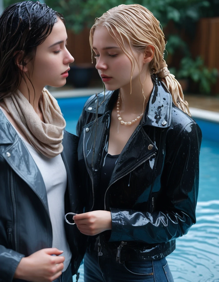 photo of young woman, in soaking wet, drenched clothes,
ankle boots, soaked trough long skinny glistening jeans, slim fit black biker leatherjacket, tight beige turtleneck sweater, handbag, pearl necklace, scarf, two young blonde teenage girls holds her whole hand over her mouth and nose swimming at a pool party at night, one whispers a secret into the other's ear, open mouth, big eyes, 
enjoying, wet clothes stuck to body,
detailed textures of the wet clothes, wet face, wet plastered hair,
wet, drenched, professional, high-quality details, full body view.
sharp focus, ultra-high pixel detail, realistic, high-quality, full colors, incredibly detailed, 4k, 8k, 16k, hyper-realistic, RAW photo, masterpiece, ultra-detailed, professionally color graded, professional photograph, Fifteen years old, completely soaked, completely dripping wet from head to toe, very wet clothes, sleek long straight hair, worried and embarrassed facial expression, slight yawn, moaning, all girls wear different styles of clothes, soaking her handbag in the water, a lot of people stands in the background, close-up, view from above, highest realistic representation,  highest ultra sharp focus, highest photorealistic detailed facial features and expressions, highest photorealistic hands, highest best quality, highest photorealistic details, highest photorealistic wet clothes, full UHD resolution, highest photorealistic sharpness of the image, 32 K, wet skin, wet clothes, damp fabric