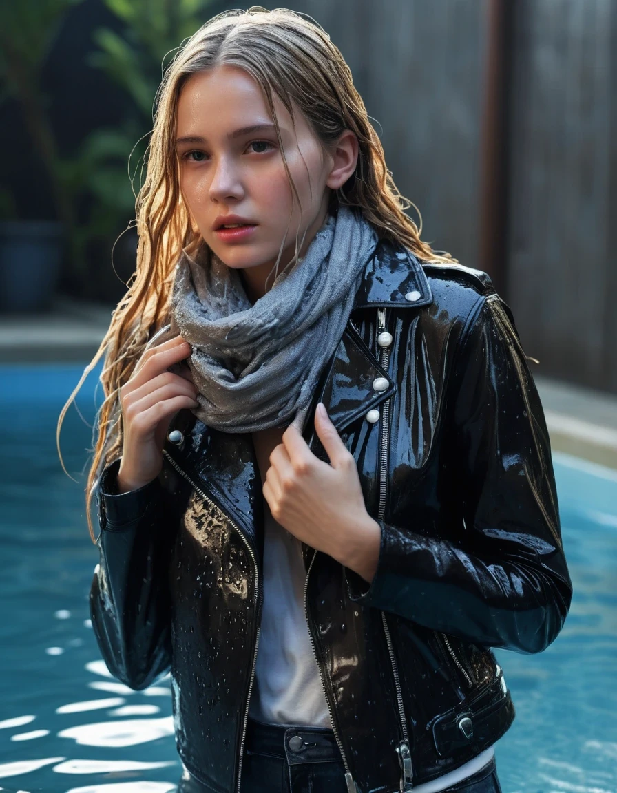 photo of young woman, in soaking wet, drenched clothes,
ankle boots, soaked trough long skinny glistening jeans, slim fit black biker leatherjacket, tight beige turtleneck sweater, handbag, pearl necklace, scarf, two young blonde teenage girls holds her whole hand over her mouth and nose deep submerged at a pool party at night, one whispers a secret into the other's ear, open mouth, big eyes, 
enjoying, wet clothes stuck to body,
detailed textures of the wet clothes, wet face, wet plastered hair,
wet, drenched, professional, high-quality details, full body view.
sharp focus, ultra-high pixel detail, realistic, high-quality, full colors, incredibly detailed, 4k, 8k, 16k, hyper-realistic, RAW photo, masterpiece, ultra-detailed, professionally color graded, professional photograph, Fifteen years old, completely soaked, completely dripping wet from head to toe, very wet clothes, sleek long straight hair, worried and embarrassed facial expression, slight yawn, moaning, all girls wear different styles of clothes, soaking her handbag in the water, a lot of people stands in the background, close-up, view from above, highest realistic representation,  highest ultra sharp focus, highest photorealistic detailed facial features and expressions, highest photorealistic hands, highest best quality, highest photorealistic details, highest photorealistic wet clothes, full UHD resolution, highest photorealistic sharpness of the image, 32 K, wet skin, wet clothes, damp fabric