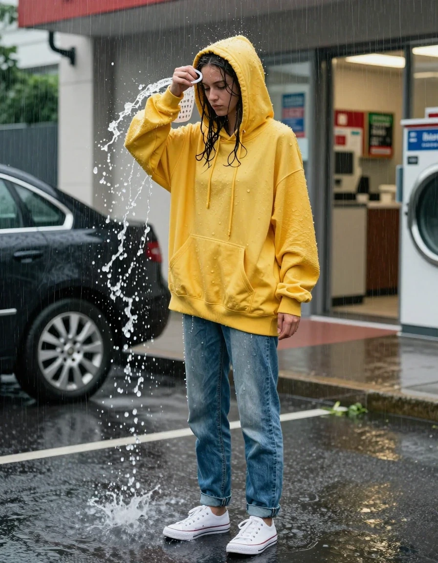 A medium wide shot of a young adult European woman standing in an upscale hotel driveway near a laundromat entrance during a torrential storm. She is wearing an oversized lemon yellow cotton hoodie that is thoroughly saturated, heavy with water, and clinging to her skin, paired with faded indigo denim jeans dripping with heavy water, and white canvas sneakers soaked in gray slush. A passing car splashes a dramatic wave of water over her, causing her to shield her face with a plastic laundry basket. Her hair and skin are glistening with rain. The fabric textures are highly detailed, showing deep color saturation, heavy folds, and water sheen. The scene is captured in a realistic street photography style with cinematic natural lighting, sharp focus on the wet fabric, and clear, high-resolution details throughout the environment.