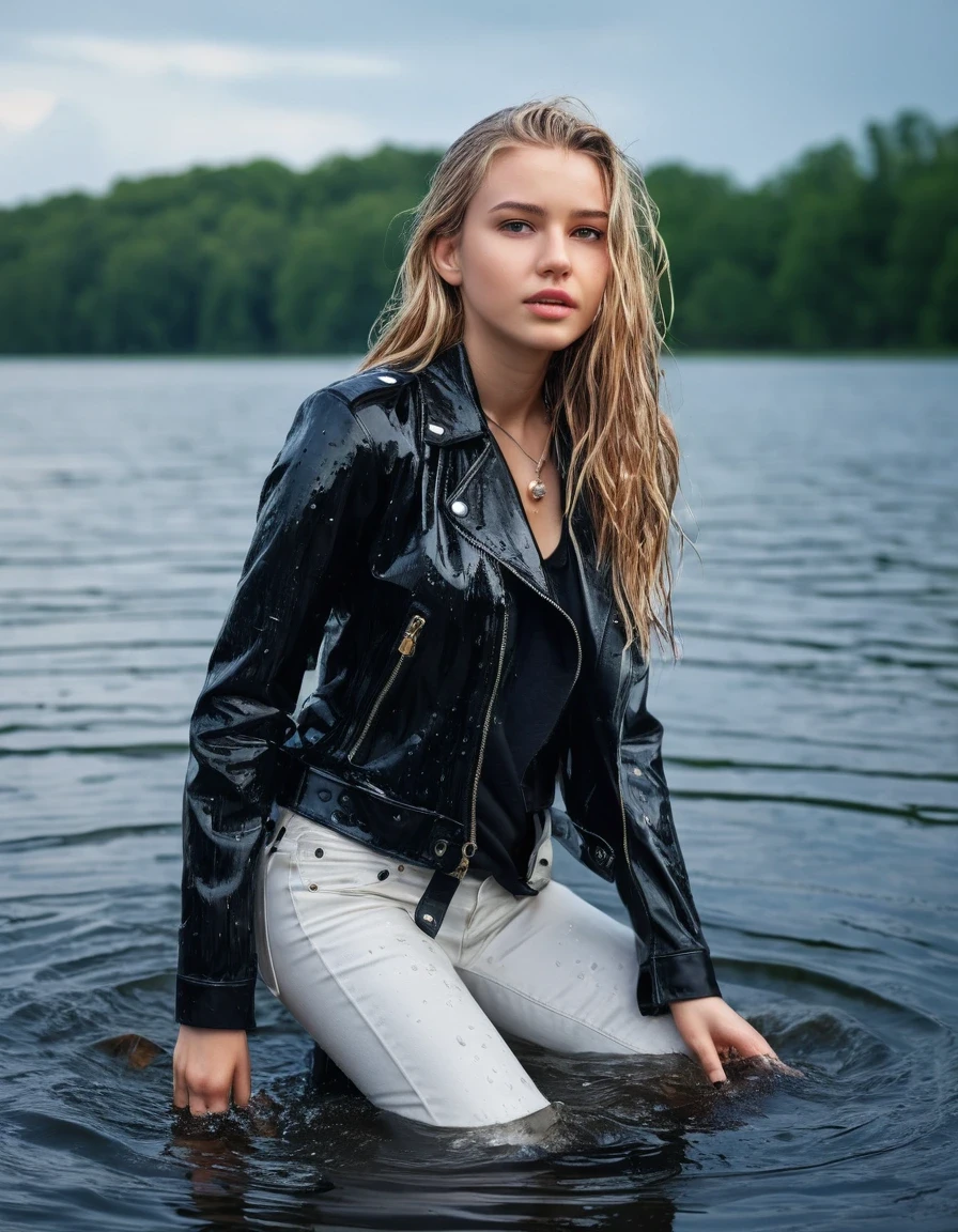 photo of young woman, in soaking wet, drenched clothes,
ankle boots, dripping wet super skin tight light white denim jeans, slim fit black biker leatherjacket,  tight sexy tshirt with wide necklace, handbag, pearl necklace, Fifteen years old embarrassed blonde teenage girl with her Friends hold her hand over mouth and nose posing deep submerged into water near a crowded dock, open mouth, big eyes , 
enjoying, wet clothes stuck to body,
detailed textures of the wet clothes, wet face, wet plastered hair,
wet, drenched, professional, high-quality details, full body view.
sharp focus, ultra-high pixel detail, realistic, high-quality, full colors, incredibly detailed, 4k, 8k, 16k, hyper-realistic, RAW photo, masterpiece, ultra-detailed, professionally color graded, professional photograph, Fifteen years old, completely soaked, completely dripping wet from head to toe, very wet clothes, sleek long straight hair, worried and embarrassed facial expression, slight yawn, moaning,  all girls wear different styles of clothes, she soakes her handbag into the water, a lot of people stands in the background, close-up, view from above, highest realistic representation, ultra sharp focus, highest photorealistic detailed facial features and expressions, highest photorealistic hands, highest best quality, highest photorealistic details, highest photorealistic wet clothes, full UHD resolution, highest photorealistic sharpness of the image, 32 K, wet skin, wet clothes, damp fabric