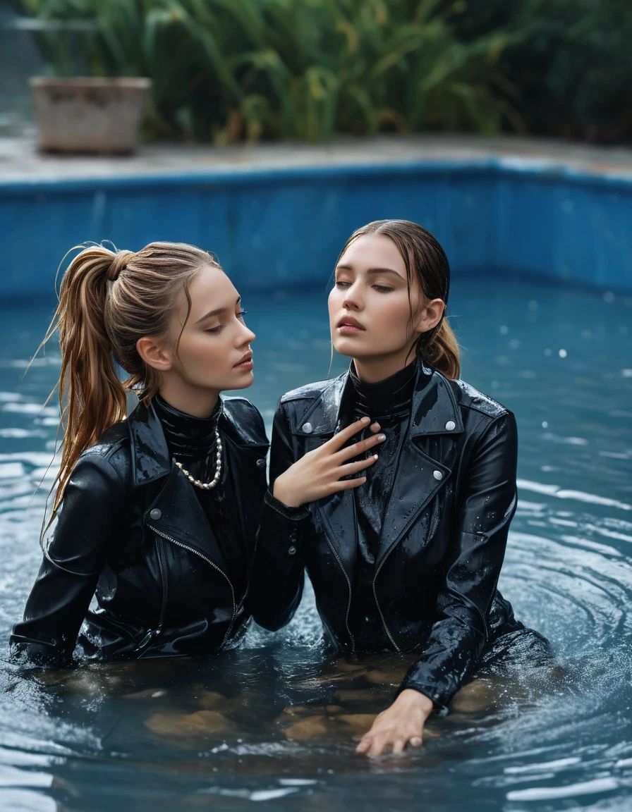 photo of young woman, in soaking wet, drenched clothes,
ankle boots, super skin tight denim jeans, slim fit black biker leatherjacket, tight slight knit turtleneck sweater, handbag, pearl necklace, silk scarf, Two completely soaked and drenched embarrased blonde teenage girls holds her hand over mouth and nose lying submerged in pool during wetlook party, open mouth, 
enjoying, wet clothes stuck to body,
detailed textures of the wet clothes, wet face, wet plastered hair,
wet, drenched, professional, high-quality details, full body view.
sharp focus, ultra-high pixel detail, realistic, high-quality, full colors, incredibly detailed, 4k, 8k, 16k, hyper-realistic, RAW photo, masterpiece, ultra-detailed, professionally color graded, professional photograph, Two Girls completely soaked, completely drenched wet, sleek long straight hair, sleek ponytail, lovesick and embarrassed facial expression, slight yawn, moaning, all girls wear different styles of clothes, carrying a dripping wet smal handbag, floating handbags and lots of floating clothes around the ladies on the water, a lot of people stands in the background, close-up, view from above, highly realistic representation, ultra sharp focus, highly photorealistic detailed textures, highly photorealistic detailed facial features and expressions, highly photorealistic hands, highly emotional reactions, highly best quality, highly sharp photorealistic image, highly photorealistic details, highest photorealistic details of wet clothes, full UHD resolution, highest photorealistic sharpness of the image, 32 K, very high level of detail and image sharpness, zoomed in, wet skin, wet clothes, damp fabric, wet skin, wet clothes, damp fabric