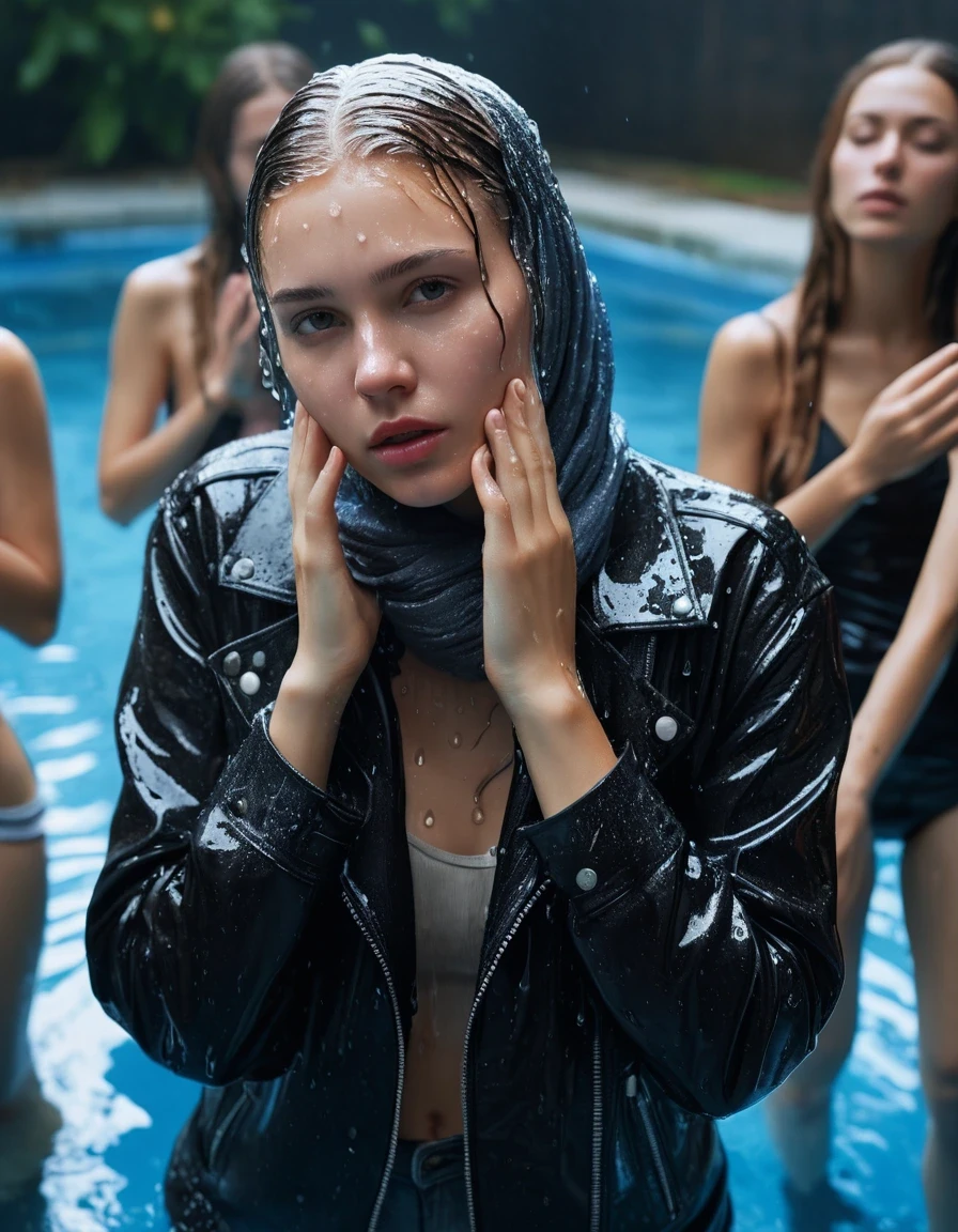 photo of young woman, in soaking wet, drenched clothes,
ankle boots, soaked trough long skinny glistening jeans, slim fit black biker leatherjacket, tight beige turtleneck sweater, handbag, pearl necklace, scarf, two young blonde teenage girls holds her whole hand over her mouth and nose emerge in a pool at a crowded pool party at night, one whispers a secret into the other's ear, open mouth, big eyes, 
enjoying, wet clothes stuck to body,
detailed textures of the wet clothes, wet face, wet plastered hair,
wet, drenched, professional, high-quality details, full body view.
sharp focus, ultra-high pixel detail, realistic, high-quality, full colors, incredibly detailed, 4k, 8k, 16k, hyper-realistic, RAW photo, masterpiece, ultra-detailed, professionally color graded, professional photograph, Fifteen years old, completely soaked, completely dripping wet from head to toe, very wet clothes, sleek long straight hair, worried and embarrassed facial expression, slight yawn, moaning, all girls wear different styles of clothes, soaking her handbag in the water, a lot of people stands in the background, close-up, view from above, highest realistic representation,  highest ultra sharp focus, highest photorealistic detailed facial features and expressions, highest photorealistic hands, highest best quality, highest photorealistic details, highest photorealistic wet clothes, full UHD resolution, highest photorealistic sharpness of the image, 32 K, wet skin, wet clothes, damp fabric