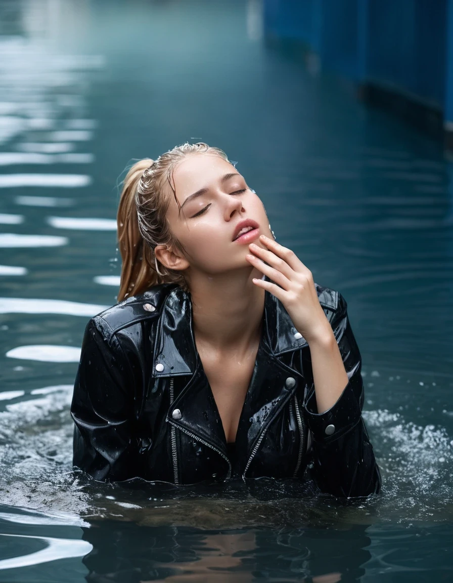 photo of young woman, in soaking wet, drenched clothes,
ankle boots, soaked trough white long skinny glistening jeans, slim fit black biker leatherjacket, tight sexy tshirt with wide necklace, handbag, pearl necklace, eighteen years old embarrassed horny blonde teenage girl with her Friends holds her whole hand over her mouth and nose posing deep submerged under water for a picture near a crowded dock on a very hot day , open mouth, big eyes, 
enjoying, wet clothes stuck to body,
detailed textures of the wet clothes, wet face, wet plastered hair,
wet, drenched, professional, high-quality details, full body view.
sharp focus, ultra-high pixel detail, realistic, high-quality, full colors, incredibly detailed, 4k, 8k, 16k, hyper-realistic, RAW photo, masterpiece, ultra-detailed, professionally color graded, professional photograph, eighteen years old, completely soaked, completely dripping wet from head to toe, very wet clothes, sleek long straight hair with a ponytail, worried and embarrassed facial expression, slight yawn, moaning, all girls wear different styles of clothes, soaking her handbag in the water, a lot of people stands in the background, close-up, view from above, highest realistic representation,  highest ultra sharp focus, highest photorealistic detailed facial features and expressions, highest photorealistic hands, highest best quality, highest photorealistic details, highest photorealistic wet clothes, full UHD resolution, highest photorealistic sharpness of the image, 32 K, wet skin, wet clothes, damp fabric