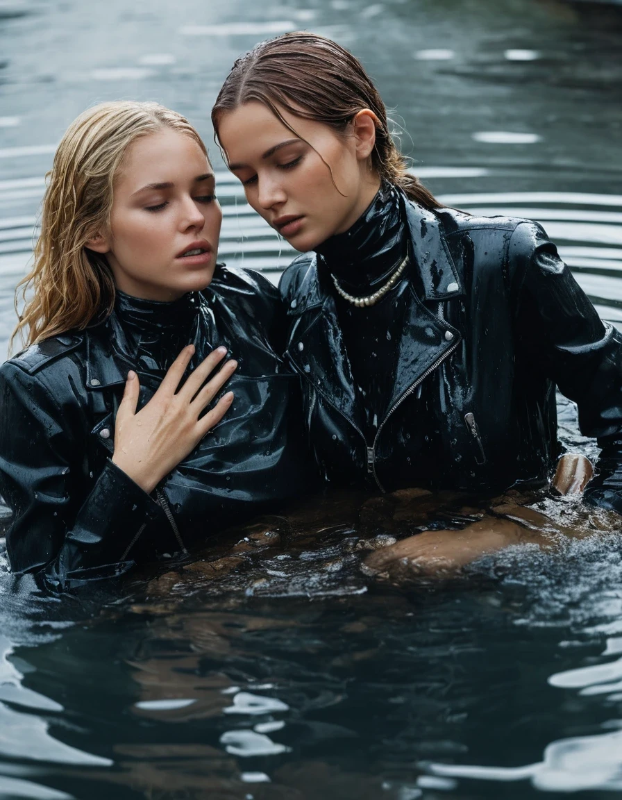 photo of young woman, in soaking wet, drenched clothes,
ankle boots, super skin tight denim jeans, slim fit black biker leatherjacket, tight slight knit turtleneck sweater, handbag, pearl necklace, silk scarf, open jacket, Two completely soaked and drenched embarrased blonde teenage girls holds her hand over mouth and nose lying submerged in pool during wetlook party, open mouth, horny eyes, 
enjoying, wet clothes stuck to body,
detailed textures of the wet clothes, wet face, wet plastered hair,
wet, drenched, professional, high-quality details, full body view.
sharp focus, ultra-high pixel detail, realistic, high-quality, full colors, incredibly detailed, 4k, 8k, 16k, hyper-realistic, RAW photo, masterpiece, ultra-detailed, professionally color graded, professional photograph, Two Girls completely soaked, completely drenched wet, sleek long straight hair, lovesick and embarrassed facial expression, slight yawn, moaning, all girls wear different styles of clothes, carrying a dripping wet smal handbag, floating handbags and lots of floating clothes around the ladies on the water, a lot of people stands in the background, close-up, view from above, highly realistic representation, ultra sharp focus, highly photorealistic detailed textures, highly photorealistic detailed facial features and expressions, highly photorealistic hands, highly emotional reactions, highly best quality, highly sharp photorealistic image, highly photorealistic details, highest photorealistic details of wet clothes, full UHD resolution, highest photorealistic sharpness of the image, 32 K, very high level of detail and image sharpness, zoomed in, wet skin, wet clothes, damp fabric, wet skin, wet clothes, damp fabric