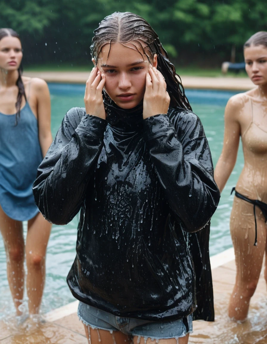photo of young woman, in soaking wet, drenched clothes,
ankle boots, soaked trough white long skinny glistening jeans, slim fit black biker leatherjacket, tight turtleneck sweater, handbag, pearl necklace, two fifteen years old blonde teenage girls with her Friends holds her whole hand over her mouth and nose submerged in a pool of a crowded pool party, open mouth, big eyes, 
enjoying, wet clothes stuck to body,
detailed textures of the wet clothes, wet face, wet plastered hair,
wet, drenched, professional, high-quality details, full body view.
sharp focus, ultra-high pixel detail, realistic, high-quality, full colors, incredibly detailed, 4k, 8k, 16k, hyper-realistic, RAW photo, masterpiece, ultra-detailed, professionally color graded, professional photograph, two girls, fifteen years old, completely soaked, completely dripping wet from head to toe, very wet clothes, sleek long straight hair with a ponytail, worried and embarrassed facial expression, slight yawn, moaning, all girls wear different styles of clothes, soaking her handbag in the water, a lot of people stands in the background, close-up, view from above, highest realistic representation,  highest ultra sharp focus, highest photorealistic detailed facial features and expressions, highest photorealistic hands, highest best quality, highest photorealistic details, highest photorealistic wet clothes, full UHD resolution, highest photorealistic sharpness of the image, 32 K, wet skin, wet clothes, damp fabric