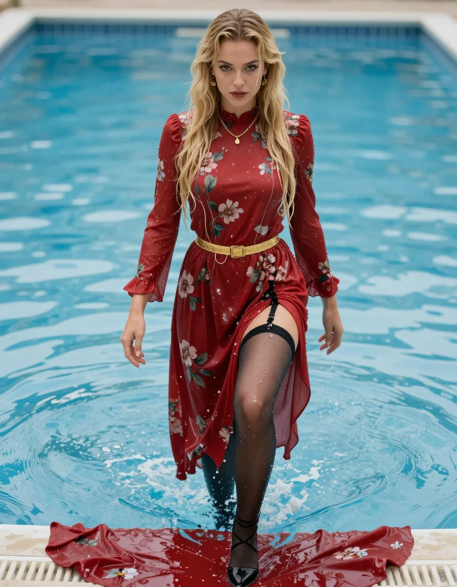 photo of young woman, in soaking wet, drenched clothes,
strappy black high heels, soaking wet red floor-length, long-sleeved, high-necked floral granny dress, black stockings, garter belt, soaking red wet floor-length, long-sleeved, high-necked floral granny dress, treading water in a swimming pool, 
enjoying, wet clothes stuck to body,
detailed textures of the wet clothes, wet face, wet plastered hair,
wet, drenched, professional, high-quality details, full body view.
sharp focus, ultra-high pixel detail, realistic, high-quality, full colors, incredibly detailed, 4k, 8k, 16k, hyper-realistic, RAW photo, masterpiece, ultra-detailed, professionally color graded, professional photograph, wet hair, looking at the camera, wet long blonde hair, gold belt, gold necklace, gold earrings, wet skin, wet clothes, wet fabric, wet skin, wet clothes, damp fabric