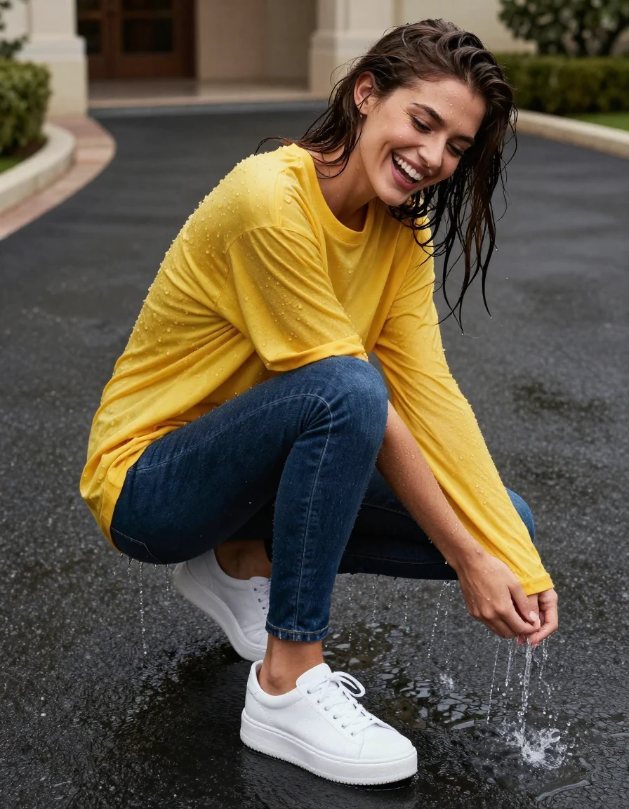 photo of young woman, in soaking wet, drenched clothes,
white leather platform sneakers soaked with water droplets, fitted dark indigo denim jeans clinging to skin, drenched, oversized canary yellow cotton t-shirt heavy with water, clinging to torso, upscale hotel driveway with wet asphalt, 
enjoying, wet clothes stuck to body,
detailed textures of the wet clothes, wet face, wet plastered hair,
wet, drenched, professional, high-quality details, full body view.
sharp focus, ultra-high pixel detail, realistic, high-quality, full colors, incredibly detailed, 4k, 8k, 16k, hyper-realistic, RAW photo, masterpiece, ultra-detailed, professionally color graded, professional photograph, woman laughing while wringing out her wet sleeves after a fountain spray incident, flash photography, glossy reflections on skin and clothing, high-angle wide shot, photorealistic lifestyle photography, rich natural color, balanced bright exposure, moderate contrast, softly lifted shadows, cinematic lighting, wet skin, wet clothes, damp fabric