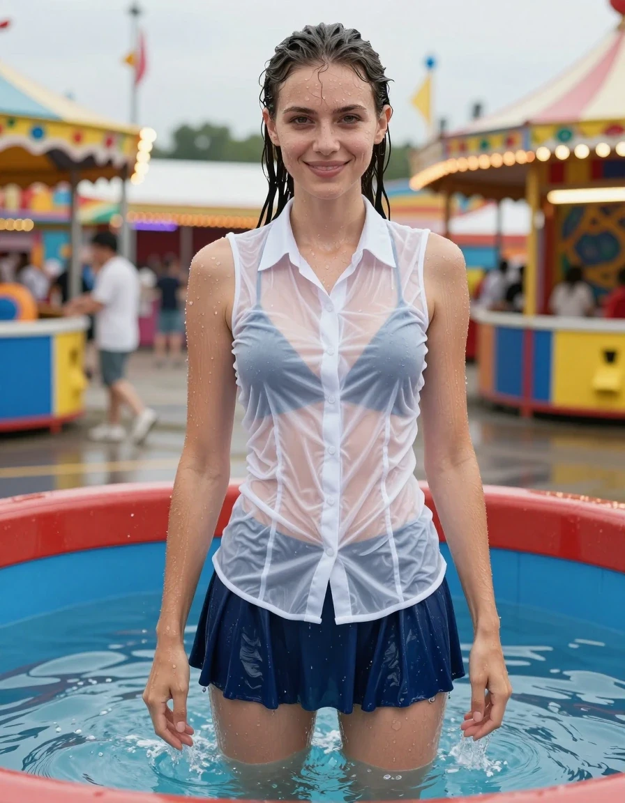 A photorealistic full-body shot of a slim young adult European woman with wet dark hair tied back in a ponytail, standing directly in front of a water-filled dunk tank at a vibrant fairground. She is wearing a slightly transparent white fitted sleeveless buttoned shirt, completely soaked and clinging to her skin, with the fabric translucent and darkened from water saturation. The shirt is layered over a dark blue skater skirt, which is also wet and heavy with water. She is wearing white trainers. Her skin is glistening with water droplets and a realistic wet sheen. She has a cheerful, smiling expression. The environment is a lively fair with blurred carnival lights and structures in the background. High-resolution photography, sharp focus, natural daylight, wet texture on hair and clothing, realistic water effects, clinging fabric, cinematic lighting, 8k resolution.
