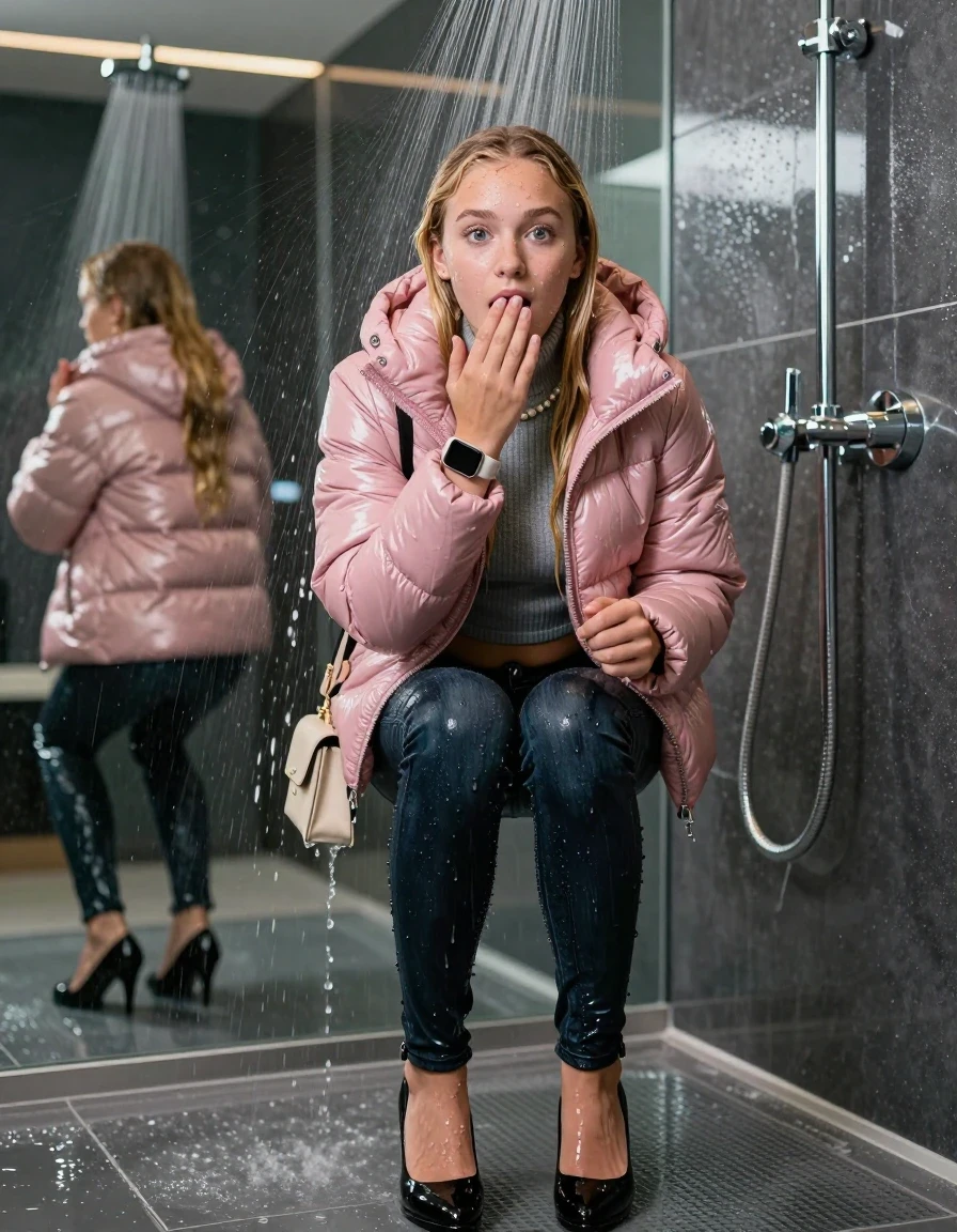 photo of young woman, in soaking wet, drenched clothes,
black heels, glistening soaked tight skinny jeans, Glistening pink shiny puffer down jacket from monclare,  glistening soaked tight grey knit turtleneck sweater belly free, shoulderbag, pearl necklace, smartwatch , 15-year-old teenage girl standing under wide stream of water in a modern mirrored luxury shower, 
enjoying, wet clothes stuck to body,
detailed textures of the wet clothes, wet face, wet plastered hair,
wet, drenched, professional, high-quality details, full body view.
sharp focus, ultra-high pixel detail, realistic, high-quality, full colors, incredibly detailed, 4k, 8k, 16k, hyper-realistic, RAW photo, masterpiece, ultra-detailed, professionally color graded, professional photograph, behind view: 15-year-old teenage girl. looking at camera.
wet plastered hair. blonde sleek long straight hair. shocked and astonished. open mouth, big eyes. hold a hand on her mouth, pressed the knees together.

The jet of water hits her head directly from above.

her clothes are heavy from the water, water runs from her body and her clothes in streams. A lot of water also runs out of her clothes. Her clothes are darkened by the water. Her submerged clothes are clinging wet. 
soft atmospheric lighting reflecting off the surface, cinematic medium shot, hyper-realistic wetness, high-contrast water sheen, 8k resolution, sharp focus, detailed skin texture., wet skin, wet clothes, damp fabric,, wet skin, wet clothes, damp fabric, wet skin, wet clothes, damp fabric, wet skin, wet clothes, damp fabric, wet skin, wet clothes, damp fabric, wet skin, wet clothes, damp fabric, wet skin, wet clothes, damp fabric, wet skin, wet clothes, damp fabric, wet skin, wet clothes, damp fabric, wet skin, wet clothes, damp fabric