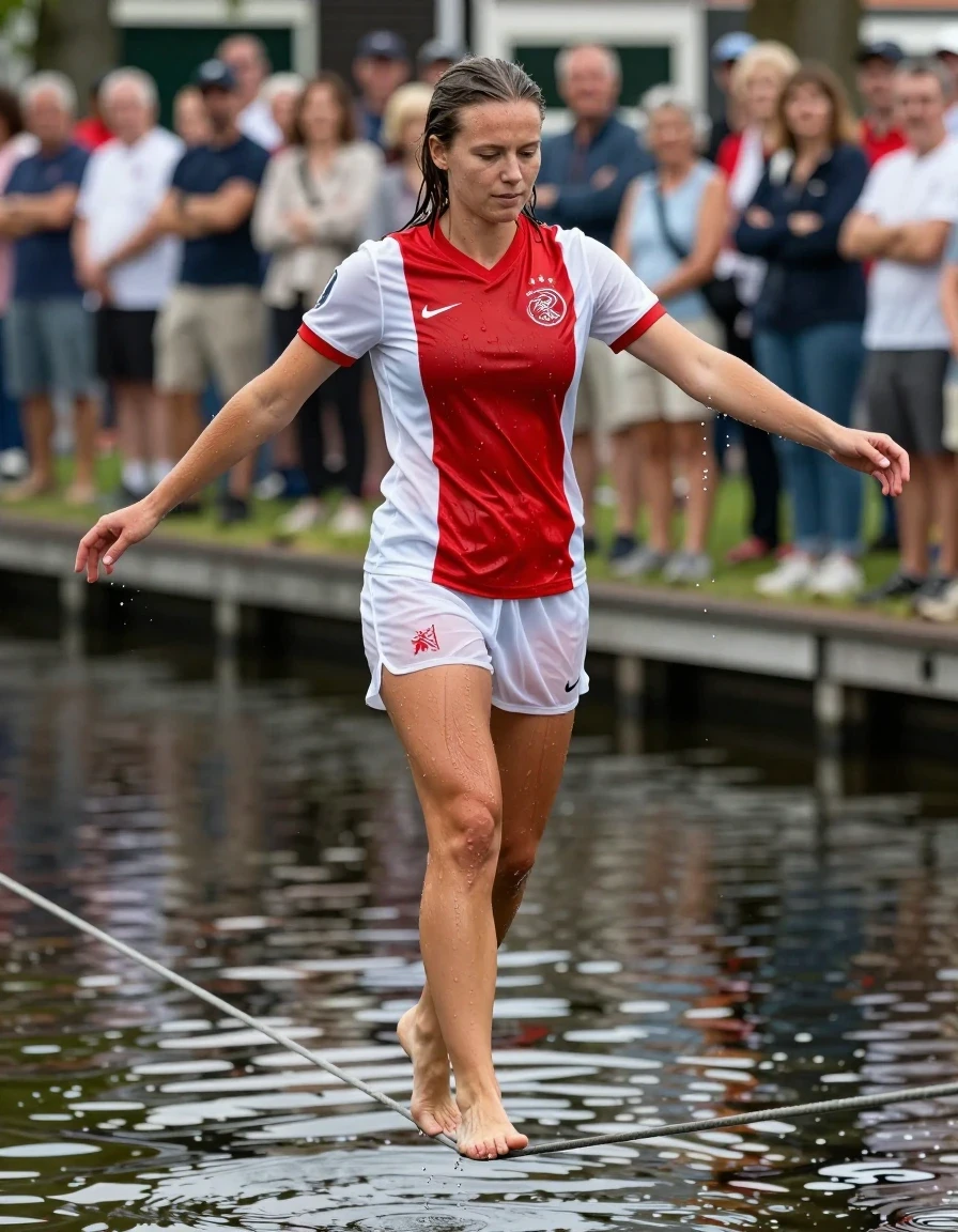 A slim young adult Dutch woman with wet hair and glistening skin, walking across a tight slackline stretched over a shimmering Dutch canal. She is wearing a clinging, soaking-wet red and white Nike Ajax football shirt that is heavy with water, translucent in areas, and drenched, paired with clinging, slightly see-through white Nike Ajax football shorts that are saturated and dripping. She is barefoot, with her toes gripping the line and her arms outstretched for balance. The fabric of the shirt and shorts is deeply soaked, showing realistic water-clinging folds, darkened tones, and high-specular water sheen. A crowd of onlookers stands on the canal bank in the background, observing the scene. Photorealistic, cinematic lighting, captured with a high-speed camera, sharp focus on the subject, vibrant natural colors, water droplets spraying in the air, hyper-detailed texture of wet fabric, professional photography, 8k resolution.