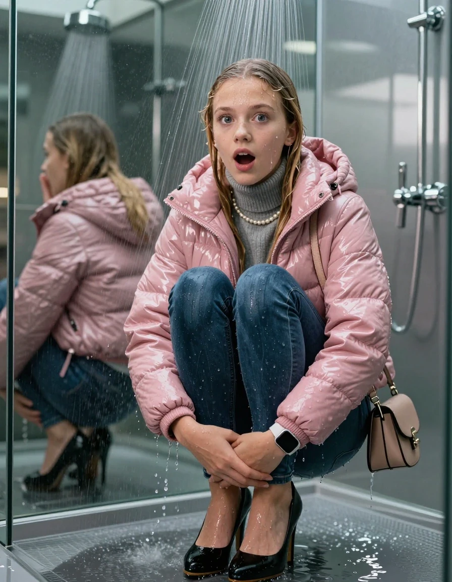 photo of young woman, in soaking wet, drenched clothes,
black heels, glistening soaked tight skinny jeans, Glistening pink shiny puffer down jacket from monclare,  glistening soaked tight grey knit turtleneck sweater belly free, shoulderbag, pearl necklace, smartwatch , 15-year-old teenage girl standing under wide stream of water in a modern mirrored luxury shower, 
enjoying, wet clothes stuck to body,
detailed textures of the wet clothes, wet face, wet plastered hair,
wet, drenched, professional, high-quality details, full body view.
sharp focus, ultra-high pixel detail, realistic, high-quality, full colors, incredibly detailed, 4k, 8k, 16k, hyper-realistic, RAW photo, masterpiece, ultra-detailed, professionally color graded, professional photograph, behind view: 15-year-old teenage girl. looking at camera.
wet plastered hair. blonde sleek long straight hair. shocked and astonished. open mouth, big eyes. hold a hand on her mouth, pressed the knees together.

The jet of water hits her head directly from above.

her clothes are heavy from the water, water runs from her body and her clothes in streams. A lot of water also runs out of her clothes. Her clothes are darkened by the water. Her submerged clothes are clinging wet. 
soft atmospheric lighting reflecting off the surface, cinematic medium shot, hyper-realistic wetness, high-contrast water sheen, 8k resolution, sharp focus, detailed skin texture., wet skin, wet clothes, damp fabric,, wet skin, wet clothes, damp fabric, wet skin, wet clothes, damp fabric, wet skin, wet clothes, damp fabric, wet skin, wet clothes, damp fabric, wet skin, wet clothes, damp fabric, wet skin, wet clothes, damp fabric, wet skin, wet clothes, damp fabric, wet skin, wet clothes, damp fabric, wet skin, wet clothes, damp fabric