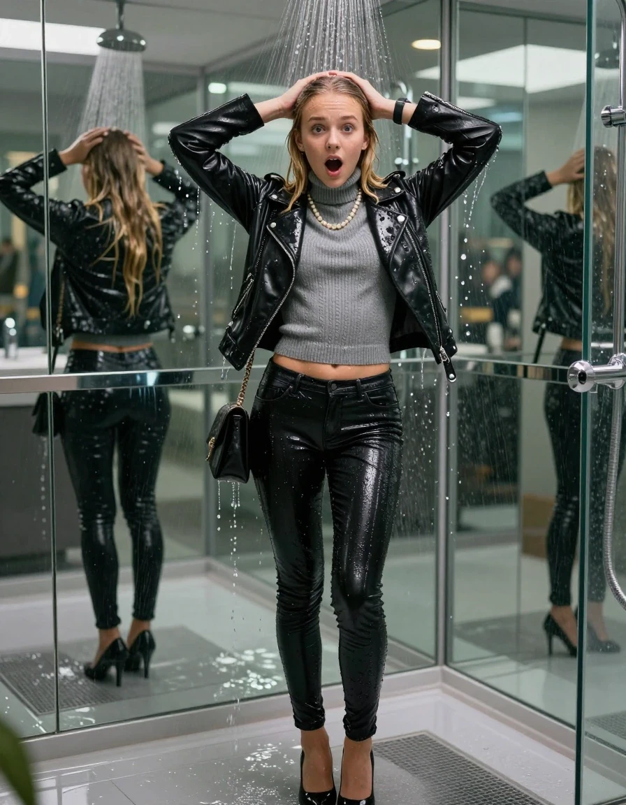 photo of young woman, in soaking wet, drenched clothes,
black heels, glistening soaked tight skinny jeans, Glistening black biker leatherjacket,  glistening soaked tight grey knit turtleneck sweater belly free, shoulderbag, pearl necklace, smartwatch , 15-year-old teenage girl standing under wide stream of water in a modern mirrored luxury shower, 
enjoying, wet clothes stuck to body,
detailed textures of the wet clothes, wet face, wet plastered hair,
wet, drenched, professional, high-quality details, full body view.
sharp focus, ultra-high pixel detail, realistic, high-quality, full colors, incredibly detailed, 4k, 8k, 16k, hyper-realistic, RAW photo, masterpiece, ultra-detailed, professionally color graded, professional photograph, behind view: 15-year-old teenage girl. looking at camera.
wet plastered hair. blonde sleek long straight hair. shocked and astonished. open mouth, big eyes. hold her arms over her head, pressed the knees together.

The jet of water hits her head directly from above.

her clothes are heavy from the water, water runs from her body and her clothes in streams. A lot of water also runs out of her clothes. Her clothes are darkened by the water. Her submerged clothes are clinging wet. 
soft atmospheric lighting reflecting off the surface, cinematic medium shot, hyper-realistic wetness, high-contrast water sheen, 8k resolution, sharp focus, detailed skin texture., wet skin, wet clothes, damp fabric,, wet skin, wet clothes, damp fabric, wet skin, wet clothes, damp fabric, wet skin, wet clothes, damp fabric, wet skin, wet clothes, damp fabric, wet skin, wet clothes, damp fabric, wet skin, wet clothes, damp fabric, wet skin, wet clothes, damp fabric, wet skin, wet clothes, damp fabric, wet skin, wet clothes, damp fabric, wet skin, wet clothes, damp fabric