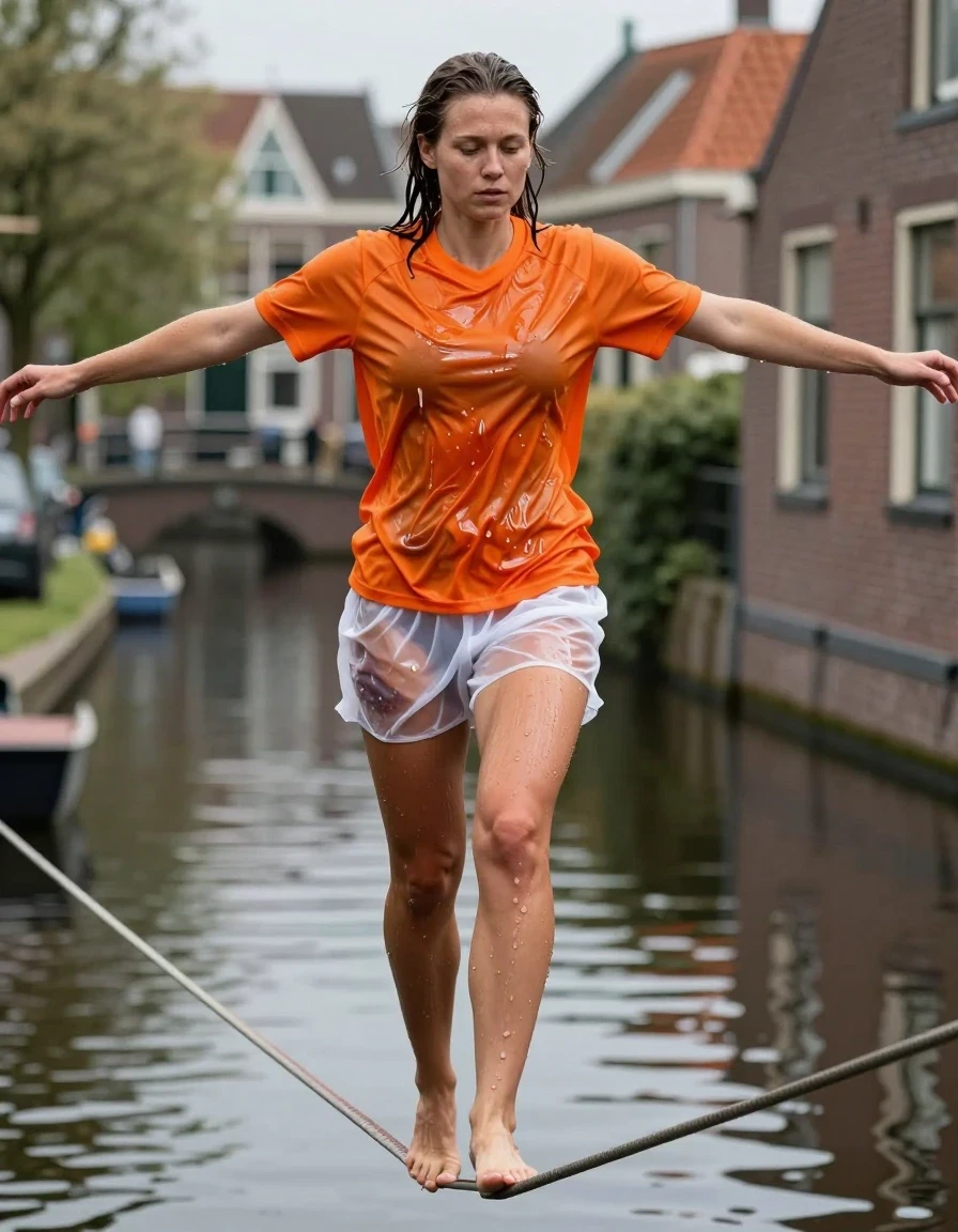 A photorealistic shot of a slim young adult Dutch woman walking across a slackline suspended over a picturesque Dutch canal. She is barefoot, with wet skin and damp hair reflecting the daylight. She wears a clingy, soaking-wet orange Holland football shirt that is deeply saturated, clinging to her torso with heavy wet folds and a high-sheen, water-drenched texture. Paired with this are translucent, wet white Holland football shorts, which are soaked through, clinging to her legs and revealing skin texture underneath with visible water sheen and dark, saturated fabric patches. She is captured in a dynamic balance pose with arms outstretched, focusing intently. The background features the calm water of a Dutch canal, traditional brick canal houses, and soft, natural ambient light. High-resolution photography, sharp focus on fabric texture, realistic wetness, cinematic lighting, 8k, detailed skin pores and water droplets.