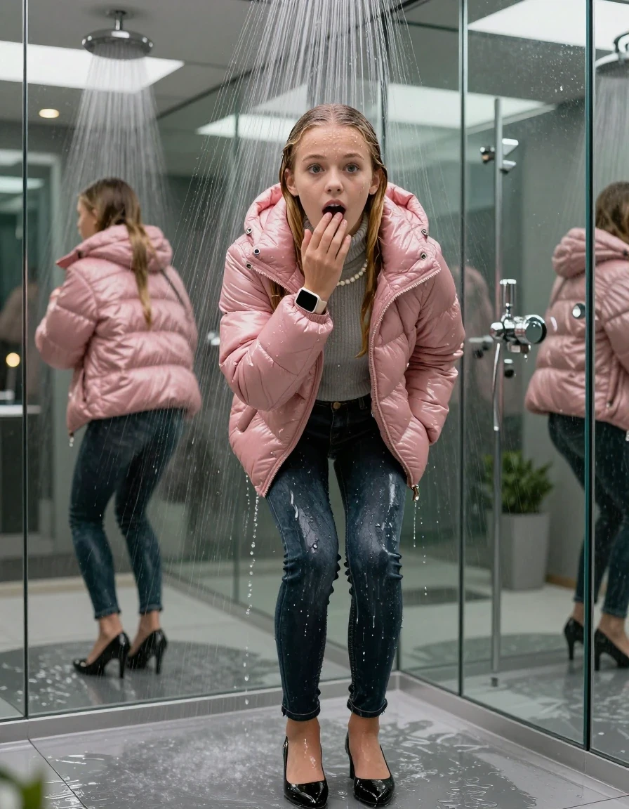photo of young woman, in soaking wet, drenched clothes,
black heels, glistening soaked tight skinny jeans, Glistening pink shiny puffer down jacket from monclare,  glistening soaked tight grey knit turtleneck sweater belly free, shoulderbag, pearl necklace, smartwatch , 15-year-old teenage girl standing under wide stream of water in a modern mirrored luxury shower, 
enjoying, wet clothes stuck to body,
detailed textures of the wet clothes, wet face, wet plastered hair,
wet, drenched, professional, high-quality details, full body view.
sharp focus, ultra-high pixel detail, realistic, high-quality, full colors, incredibly detailed, 4k, 8k, 16k, hyper-realistic, RAW photo, masterpiece, ultra-detailed, professionally color graded, professional photograph, behind view: 15-year-old teenage girl. looking at camera.
wet plastered hair. blonde sleek long straight hair. shocked and astonished. open mouth, big eyes. hold a hand on her mouth, pressed the knees together.

The jet of water hits her head directly from above.

her clothes are heavy from the water, water runs from her body and her clothes in streams. A lot of water also runs out of her clothes. Her clothes are darkened by the water. Her submerged clothes are clinging wet. 
soft atmospheric lighting reflecting off the surface, cinematic medium shot, hyper-realistic wetness, high-contrast water sheen, 8k resolution, sharp focus, detailed skin texture., wet skin, wet clothes, damp fabric,, wet skin, wet clothes, damp fabric, wet skin, wet clothes, damp fabric, wet skin, wet clothes, damp fabric, wet skin, wet clothes, damp fabric, wet skin, wet clothes, damp fabric, wet skin, wet clothes, damp fabric, wet skin, wet clothes, damp fabric, wet skin, wet clothes, damp fabric, wet skin, wet clothes, damp fabric