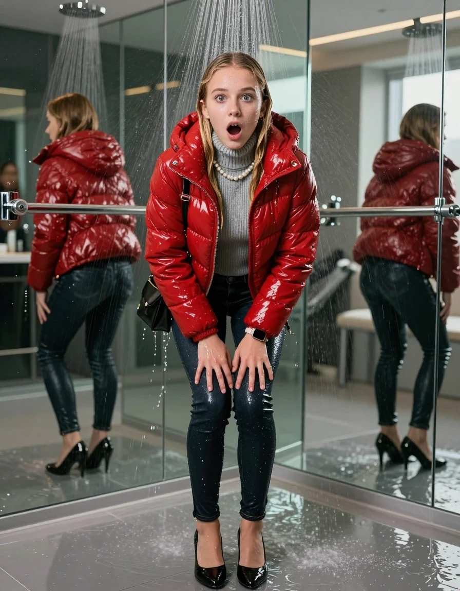 photo of young woman, in soaking wet, drenched clothes,
black heels, glistening soaked tight skinny jeans, Glistening red shiny puffer down jacket from monclare,  glistening soaked tight grey knit turtleneck sweater belly free, shoulderbag, pearl necklace, smartwatch , 15-year-old teenage girl standing under wide stream of water in a modern mirrored luxury shower, 
enjoying, wet clothes stuck to body,
detailed textures of the wet clothes, wet face, wet plastered hair,
wet, drenched, professional, high-quality details, full body view.
sharp focus, ultra-high pixel detail, realistic, high-quality, full colors, incredibly detailed, 4k, 8k, 16k, hyper-realistic, RAW photo, masterpiece, ultra-detailed, professionally color graded, professional photograph, behind view: 15-year-old teenage girl. looking at camera.
wet plastered hair. blonde sleek long straight hair. shocked and astonished. open mouth, big eyes. hold a hand on her mouth, pressed the knees together.

The jet of water hits her head directly from above.

her clothes are heavy from the water, water runs from her body and her clothes in streams. A lot of water also runs out of her clothes. Her clothes are darkened by the water. Her submerged clothes are clinging wet. 
soft atmospheric lighting reflecting off the surface, cinematic medium shot, hyper-realistic wetness, high-contrast water sheen, 8k resolution, sharp focus, detailed skin texture., wet skin, wet clothes, damp fabric,, wet skin, wet clothes, damp fabric, wet skin, wet clothes, damp fabric, wet skin, wet clothes, damp fabric, wet skin, wet clothes, damp fabric, wet skin, wet clothes, damp fabric, wet skin, wet clothes, damp fabric, wet skin, wet clothes, damp fabric, wet skin, wet clothes, damp fabric, wet skin, wet clothes, damp fabric, wet skin, wet clothes, damp fabric