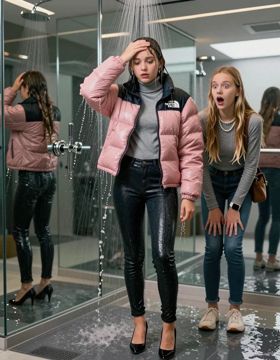 photo of young woman, in soaking wet, drenched clothes,
black heels, glistening soaked tight skinny jeans, Glistening pink  puffer down jacket from north face, glistening soaked tight grey knit turtleneck sweater belly free, shoulderbag, pearl necklace, smartwatch , Two h15-year-old teenage girl standing under wide stream of water in a modern mirrored luxury shower, her friend stands shocked beside her, 
enjoying, wet clothes stuck to body,
detailed textures of the wet clothes, wet face, wet plastered hair,
wet, drenched, professional, high-quality details, full body view.
sharp focus, ultra-high pixel detail, realistic, high-quality, full colors, incredibly detailed, 4k, 8k, 16k, hyper-realistic, RAW photo, masterpiece, ultra-detailed, professionally color graded, professional photograph, behind view: 15-year-old teenage girl. looking at camera.
wet plastered hair. blonde sleek long straight hair. shocked and astonished. open mouth, big eyes. hold her hands on her forehead, pressed the knees together.

The jet of water hits her head directly from above.

her clothes are heavy from the water, water runs from her body and her clothes in streams. A lot of water also runs out of her clothes. Her clothes are darkened by the water. Her submerged clothes are clinging wet. 
soft atmospheric lighting reflecting off the surface, cinematic medium shot, hyper-realistic wetness, high-contrast water sheen, 8k resolution, sharp focus, detailed skin texture., wet skin, wet clothes, damp fabric,, wet skin, wet clothes, damp fabric, wet skin, wet clothes, damp fabric, wet skin, wet clothes, damp fabric, wet skin, wet clothes, damp fabric, wet skin, wet clothes, damp fabric, wet skin, wet clothes, damp fabric, wet skin, wet clothes, damp fabric, wet skin, wet clothes, damp fabric, wet skin, wet clothes, damp fabric, wet skin, wet clothes, damp fabric