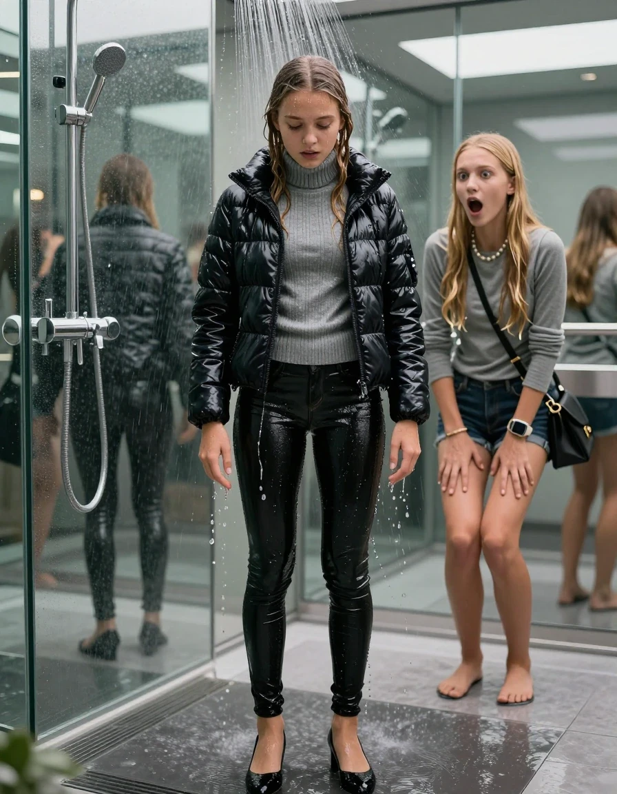 photo of young woman, in soaking wet, drenched clothes,
black heels, glistening soaked tight skinny jeans, Glistening black shiny puffer down jacket from monclare,  glistening soaked tight grey knit turtleneck sweater belly free, shoulderbag, pearl necklace, smartwatch , 15-year-old teenage girl standing under wide stream of water in a modern mirrored luxury shower, her friend stands shocked beside her, 
enjoying, wet clothes stuck to body,
detailed textures of the wet clothes, wet face, wet plastered hair,
wet, drenched, professional, high-quality details, full body view.
sharp focus, ultra-high pixel detail, realistic, high-quality, full colors, incredibly detailed, 4k, 8k, 16k, hyper-realistic, RAW photo, masterpiece, ultra-detailed, professionally color graded, professional photograph, behind view: 15-year-old teenage girl. looking at camera.
wet plastered hair. blonde sleek long straight hair. shocked and astonished. open mouth, big eyes. hold a hand on her mouth, pressed the knees together.

The jet of water hits her head directly from above.

her clothes are heavy from the water, water runs from her body and her clothes in streams. A lot of water also runs out of her clothes. Her clothes are darkened by the water. Her submerged clothes are clinging wet. 
soft atmospheric lighting reflecting off the surface, cinematic medium shot, hyper-realistic wetness, high-contrast water sheen, 8k resolution, sharp focus, detailed skin texture., wet skin, wet clothes, damp fabric,, wet skin, wet clothes, damp fabric, wet skin, wet clothes, damp fabric, wet skin, wet clothes, damp fabric, wet skin, wet clothes, damp fabric, wet skin, wet clothes, damp fabric, wet skin, wet clothes, damp fabric, wet skin, wet clothes, damp fabric, wet skin, wet clothes, damp fabric, wet skin, wet clothes, damp fabric