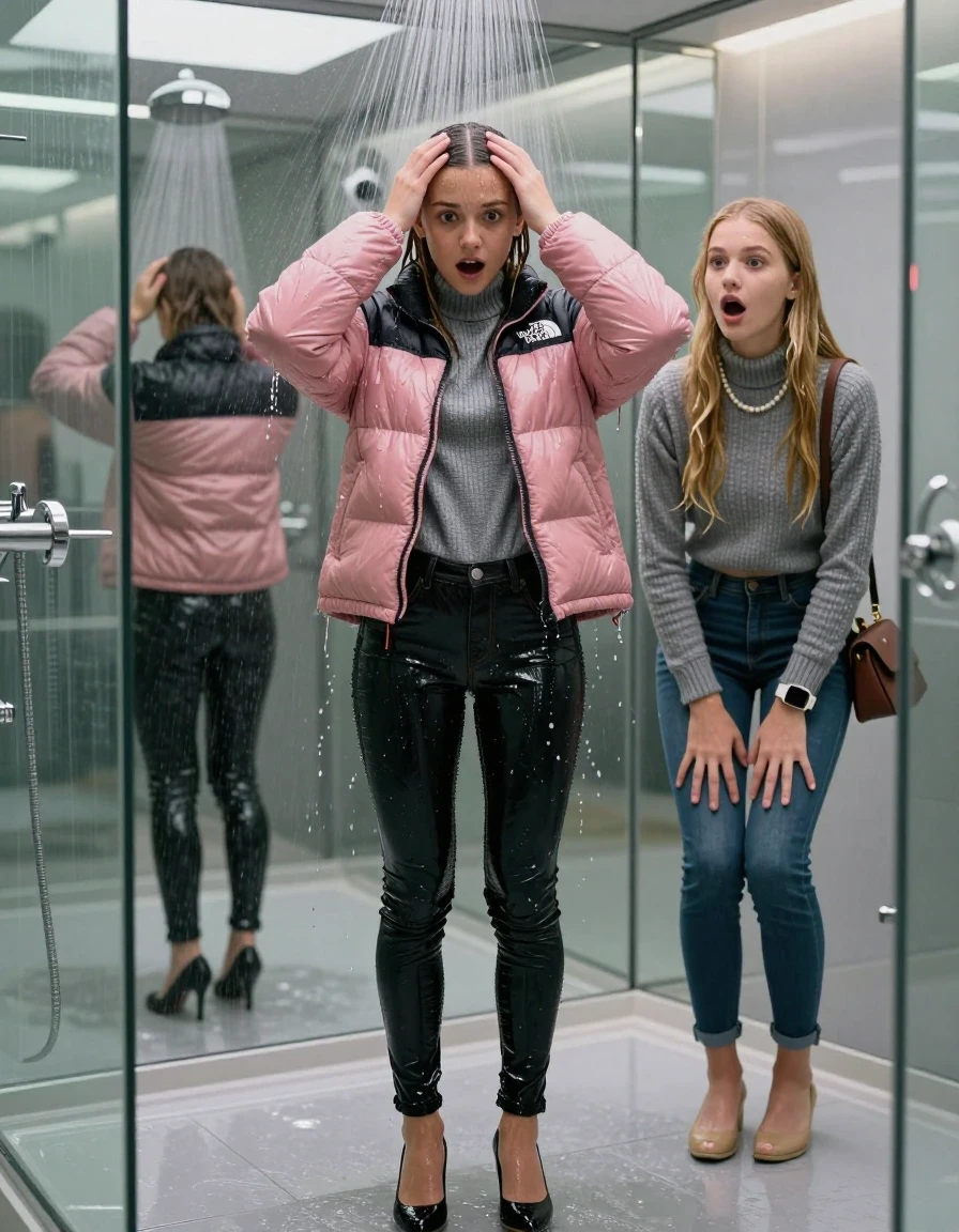 photo of young woman, in soaking wet, drenched clothes,
black heels, glistening soaked tight skinny jeans, Glistening pink  puffer down jacket from north face, glistening soaked tight grey knit turtleneck sweater belly free, shoulderbag, pearl necklace, smartwatch , 15-year-old teenage girl standing under wide stream of water in a modern mirrored luxury shower, her friend stands shocked beside her, 
enjoying, wet clothes stuck to body,
detailed textures of the wet clothes, wet face, wet plastered hair,
wet, drenched, professional, high-quality details, full body view.
sharp focus, ultra-high pixel detail, realistic, high-quality, full colors, incredibly detailed, 4k, 8k, 16k, hyper-realistic, RAW photo, masterpiece, ultra-detailed, professionally color graded, professional photograph, behind view: 15-year-old teenage girl. looking at camera.
wet plastered hair. blonde sleek long straight hair. shocked and astonished. open mouth, big eyes. hold her hands on her forehead, pressed the knees together.

The jet of water hits her head directly from above.

her clothes are heavy from the water, water runs from her body and her clothes in streams. A lot of water also runs out of her clothes. Her clothes are darkened by the water. Her submerged clothes are clinging wet. 
soft atmospheric lighting reflecting off the surface, cinematic medium shot, hyper-realistic wetness, high-contrast water sheen, 8k resolution, sharp focus, detailed skin texture., wet skin, wet clothes, damp fabric,, wet skin, wet clothes, damp fabric, wet skin, wet clothes, damp fabric, wet skin, wet clothes, damp fabric, wet skin, wet clothes, damp fabric, wet skin, wet clothes, damp fabric, wet skin, wet clothes, damp fabric, wet skin, wet clothes, damp fabric, wet skin, wet clothes, damp fabric, wet skin, wet clothes, damp fabric