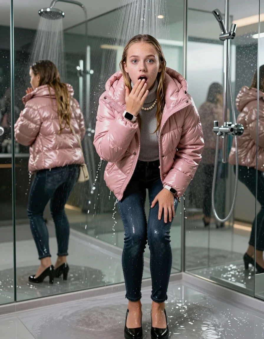 photo of young woman, in soaking wet, drenched clothes,
black heels, glistening soaked tight skinny jeans, Glistening pink shiny puffer down jacket from monclare,  glistening soaked tight grey knit turtleneck sweater belly free, shoulderbag, pearl necklace, smartwatch , 15-year-old teenage girl standing under wide stream of water in a modern mirrored luxury shower, 
enjoying, wet clothes stuck to body,
detailed textures of the wet clothes, wet face, wet plastered hair,
wet, drenched, professional, high-quality details, full body view.
sharp focus, ultra-high pixel detail, realistic, high-quality, full colors, incredibly detailed, 4k, 8k, 16k, hyper-realistic, RAW photo, masterpiece, ultra-detailed, professionally color graded, professional photograph, behind view: 15-year-old teenage girl. looking at camera.
wet plastered hair. blonde sleek long straight hair. shocked and astonished. open mouth, big eyes. hold a hand on her mouth, pressed the knees together.

The jet of water hits her head directly from above.

her clothes are heavy from the water, water runs from her body and her clothes in streams. A lot of water also runs out of her clothes. Her clothes are darkened by the water. Her submerged clothes are clinging wet. 
soft atmospheric lighting reflecting off the surface, cinematic medium shot, hyper-realistic wetness, high-contrast water sheen, 8k resolution, sharp focus, detailed skin texture., wet skin, wet clothes, damp fabric,, wet skin, wet clothes, damp fabric, wet skin, wet clothes, damp fabric, wet skin, wet clothes, damp fabric, wet skin, wet clothes, damp fabric, wet skin, wet clothes, damp fabric, wet skin, wet clothes, damp fabric, wet skin, wet clothes, damp fabric, wet skin, wet clothes, damp fabric, wet skin, wet clothes, damp fabric, wet skin, wet clothes, damp fabric