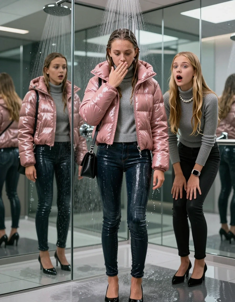 photo of young woman, in soaking wet, drenched clothes,
black heels, glistening soaked tight skinny jeans, Glistening pink shiny puffer down jacket from monclare,  glistening soaked tight grey knit turtleneck sweater belly free, shoulderbag, pearl necklace, smartwatch , 15-year-old teenage girl standing under wide stream of water in a modern mirrored luxury shower, her friend stands shocked beside her, 
enjoying, wet clothes stuck to body,
detailed textures of the wet clothes, wet face, wet plastered hair,
wet, drenched, professional, high-quality details, full body view.
sharp focus, ultra-high pixel detail, realistic, high-quality, full colors, incredibly detailed, 4k, 8k, 16k, hyper-realistic, RAW photo, masterpiece, ultra-detailed, professionally color graded, professional photograph, behind view: 15-year-old teenage girl. looking at camera.
wet plastered hair. blonde sleek long straight hair. shocked and astonished. open mouth, big eyes. hold a hand on her mouth, pressed the knees together.

The jet of water hits her head directly from above.

her clothes are heavy from the water, water runs from her body and her clothes in streams. A lot of water also runs out of her clothes. Her clothes are darkened by the water. Her submerged clothes are clinging wet. 
soft atmospheric lighting reflecting off the surface, cinematic medium shot, hyper-realistic wetness, high-contrast water sheen, 8k resolution, sharp focus, detailed skin texture., wet skin, wet clothes, damp fabric,, wet skin, wet clothes, damp fabric, wet skin, wet clothes, damp fabric, wet skin, wet clothes, damp fabric, wet skin, wet clothes, damp fabric, wet skin, wet clothes, damp fabric, wet skin, wet clothes, damp fabric, wet skin, wet clothes, damp fabric, wet skin, wet clothes, damp fabric, wet skin, wet clothes, damp fabric
