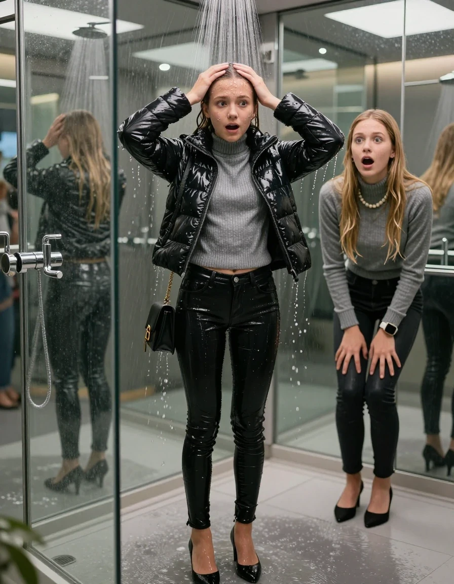 photo of young woman, in soaking wet, drenched clothes,
black heels, glistening soaked tight skinny jeans, Glistening black shiny puffer down jacket from monclare,  glistening soaked tight grey knit turtleneck sweater belly free, shoulderbag, pearl necklace, smartwatch , 15-year-old teenage girl standing under wide stream of water in a modern mirrored luxury shower, her friend stands shocked beside her, 
enjoying, wet clothes stuck to body,
detailed textures of the wet clothes, wet face, wet plastered hair,
wet, drenched, professional, high-quality details, full body view.
sharp focus, ultra-high pixel detail, realistic, high-quality, full colors, incredibly detailed, 4k, 8k, 16k, hyper-realistic, RAW photo, masterpiece, ultra-detailed, professionally color graded, professional photograph, behind view: 15-year-old teenage girl. looking at camera.
wet plastered hair. blonde sleek long straight hair. shocked and astonished. open mouth, big eyes. hold her hands on her forehead, pressed the knees together.

The jet of water hits her head directly from above.

her clothes are heavy from the water, water runs from her body and her clothes in streams. A lot of water also runs out of her clothes. Her clothes are darkened by the water. Her submerged clothes are clinging wet. 
soft atmospheric lighting reflecting off the surface, cinematic medium shot, hyper-realistic wetness, high-contrast water sheen, 8k resolution, sharp focus, detailed skin texture., wet skin, wet clothes, damp fabric,, wet skin, wet clothes, damp fabric, wet skin, wet clothes, damp fabric, wet skin, wet clothes, damp fabric, wet skin, wet clothes, damp fabric, wet skin, wet clothes, damp fabric, wet skin, wet clothes, damp fabric, wet skin, wet clothes, damp fabric, wet skin, wet clothes, damp fabric, wet skin, wet clothes, damp fabric