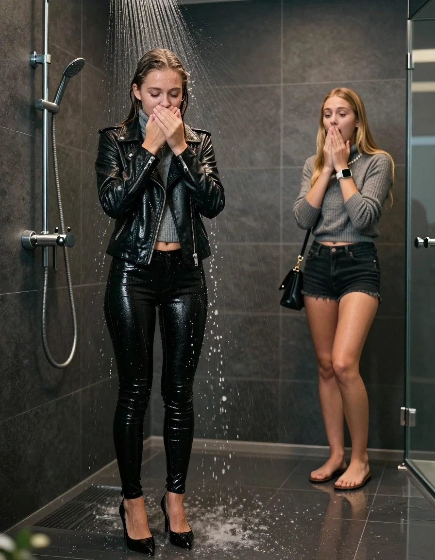 photo of young woman, in soaking wet, drenched clothes,
black heels, glistening soaked tight skinny jeans, Glistening black biker leatherjacket, glistening soaked tight grey knit turtleneck sweater belly free, shoulderbag, pearl necklace, smartwatch , 15-year-old teenage girl standing under wide stream of water in a modern luxury shower, her friend stands shocked beside her, 
enjoying, wet clothes stuck to body,
detailed textures of the wet clothes, wet face, wet plastered hair,
wet, drenched, professional, high-quality details, full body view.
sharp focus, ultra-high pixel detail, realistic, high-quality, full colors, incredibly detailed, 4k, 8k, 16k, hyper-realistic, RAW photo, masterpiece, ultra-detailed, professionally color graded, professional photograph, behind view: 15-year-old teenage girl. looking at camera.
wet plastered hair. blonde sleek long straight hair. shocked and astonished. open mouth, closed eyes. hold her hands on her mouth, pressed the knees together.

The jet of water hits her head directly from above.

her clothes are heavy from the water, water runs from her body and her clothes in streams. A lot of water also runs out of her clothes. Her clothes are darkened by the water. Her submerged clothes are clinging wet. 
soft atmospheric lighting reflecting off the surface, cinematic medium shot, hyper-realistic wetness, high-contrast water sheen, 8k resolution, sharp focus, detailed skin texture., wet skin, wet clothes, damp fabric,, wet skin, wet clothes, damp fabric, wet skin, wet clothes, damp fabric, wet skin, wet clothes, damp fabric, wet skin, wet clothes, damp fabric, wet skin, wet clothes, damp fabric, wet skin, wet clothes, damp fabric, wet skin, wet clothes, damp fabric, wet skin, wet clothes, damp fabric, wet skin, wet clothes, damp fabric