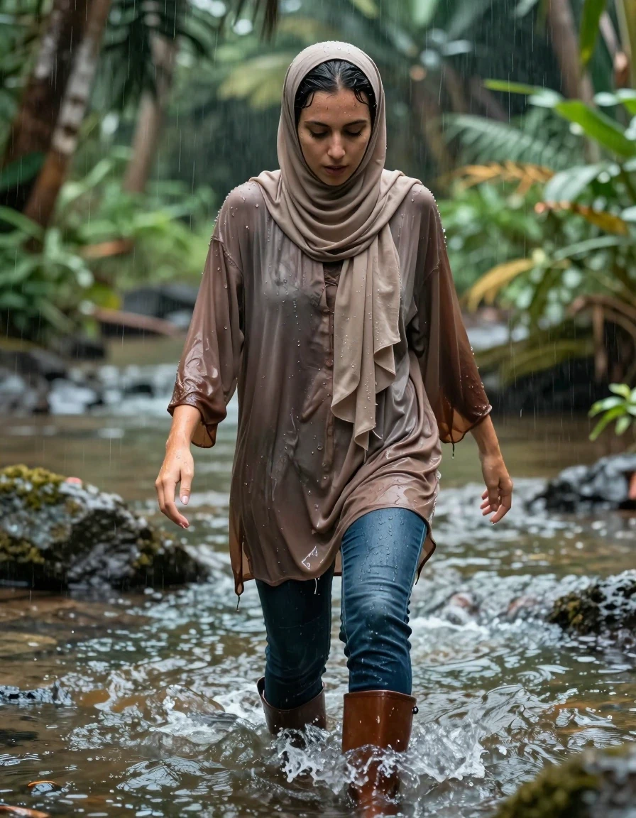 photo of young woman, in soaking wet, drenched clothes,
Boots, Boyfriend jeans , Brown tunic , Tropical rain, wading through a stream , 
enjoying, wet clothes stuck to body,
detailed textures of the wet clothes, wet face, wet plastered hair,
wet, drenched, professional, high-quality details, full body view.
sharp focus, ultra-high pixel detail, realistic, high-quality, full colors, incredibly detailed, 4k, 8k, 16k, hyper-realistic, RAW photo, masterpiece, ultra-detailed, professionally color graded, professional photograph, Hijab, wet skin, wet clothes, damp fabric