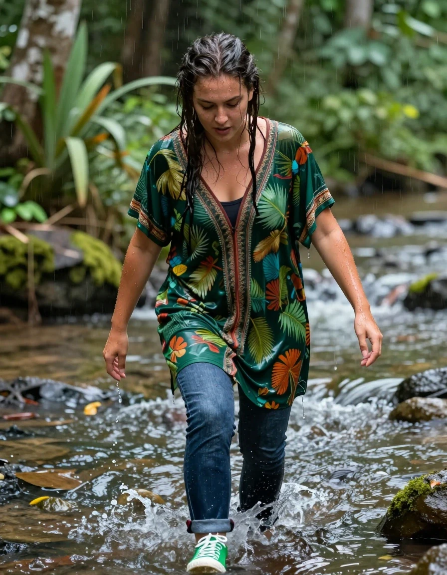 photo of young woman, in soaking wet, drenched clothes,
Sneakers green, Boyfriend jeans , Green tunic with pattern, Tropical rain, wading through a stream , 
enjoying, wet clothes stuck to body,
detailed textures of the wet clothes, wet face, wet plastered hair,
wet, drenched, professional, high-quality details, full body view.
sharp focus, ultra-high pixel detail, realistic, high-quality, full colors, incredibly detailed, 4k, 8k, 16k, hyper-realistic, RAW photo, masterpiece, ultra-detailed, professionally color graded, professional photograph, wet skin, wet clothes, damp fabric