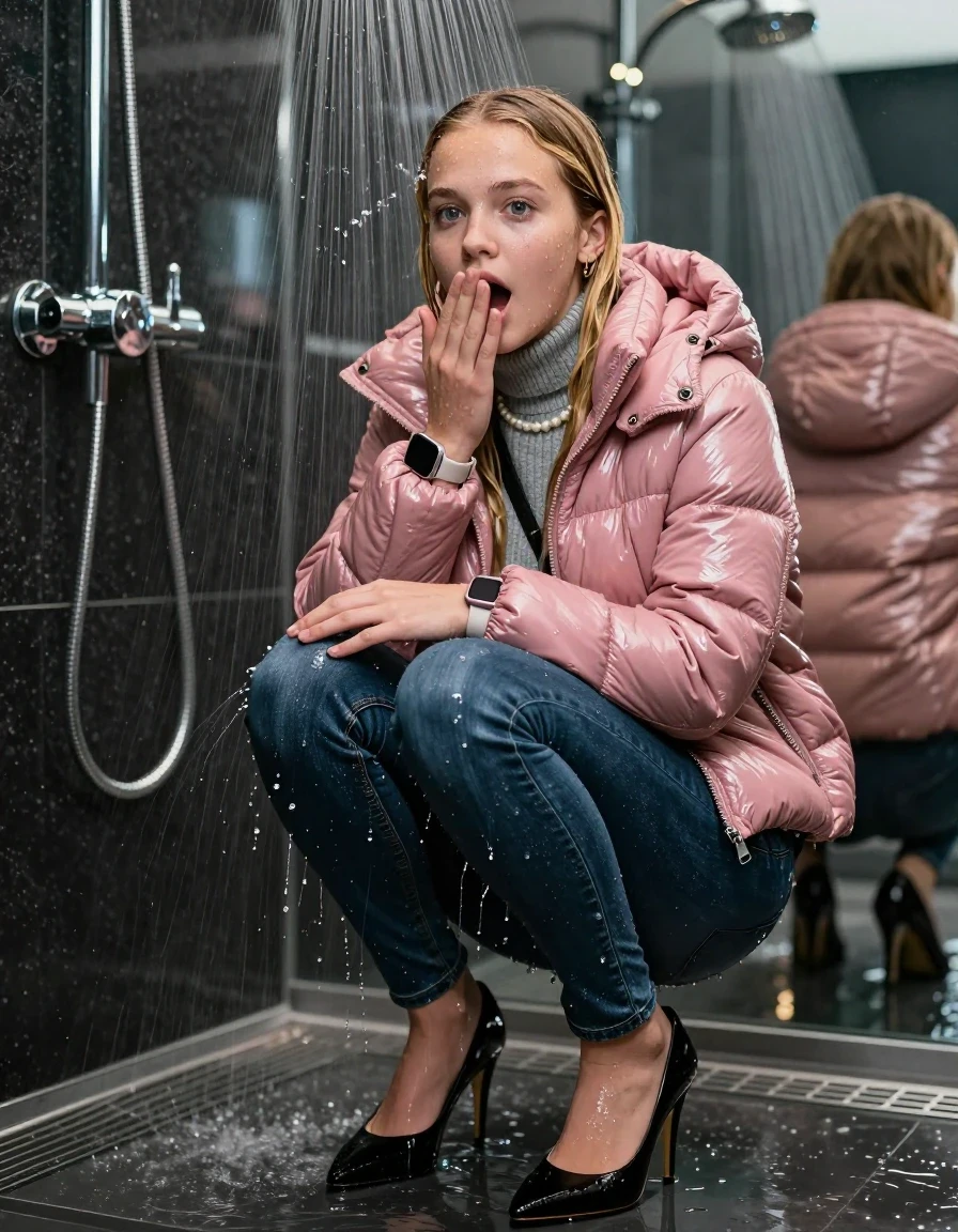 photo of young woman, in soaking wet, drenched clothes,
black heels, glistening soaked tight skinny jeans, Glistening pink shiny puffer down jacket from monclare,  glistening soaked tight grey knit turtleneck sweater belly free, shoulderbag, pearl necklace, smartwatch , 15-year-old teenage girl standing under wide stream of water in a modern mirrored luxury shower, 
enjoying, wet clothes stuck to body,
detailed textures of the wet clothes, wet face, wet plastered hair,
wet, drenched, professional, high-quality details, full body view.
sharp focus, ultra-high pixel detail, realistic, high-quality, full colors, incredibly detailed, 4k, 8k, 16k, hyper-realistic, RAW photo, masterpiece, ultra-detailed, professionally color graded, professional photograph, behind view: 15-year-old teenage girl. looking at camera.
wet plastered hair. blonde sleek long straight hair. shocked and astonished. open mouth, big eyes. hold a hand on her mouth, pressed the knees together.

The jet of water hits her head directly from above.

her clothes are heavy from the water, water runs from her body and her clothes in streams. A lot of water also runs out of her clothes. Her clothes are darkened by the water. Her submerged clothes are clinging wet. 
soft atmospheric lighting reflecting off the surface, cinematic medium shot, hyper-realistic wetness, high-contrast water sheen, 8k resolution, sharp focus, detailed skin texture., wet skin, wet clothes, damp fabric,, wet skin, wet clothes, damp fabric, wet skin, wet clothes, damp fabric, wet skin, wet clothes, damp fabric, wet skin, wet clothes, damp fabric, wet skin, wet clothes, damp fabric, wet skin, wet clothes, damp fabric, wet skin, wet clothes, damp fabric, wet skin, wet clothes, damp fabric, wet skin, wet clothes, damp fabric, wet skin, wet clothes, damp fabric