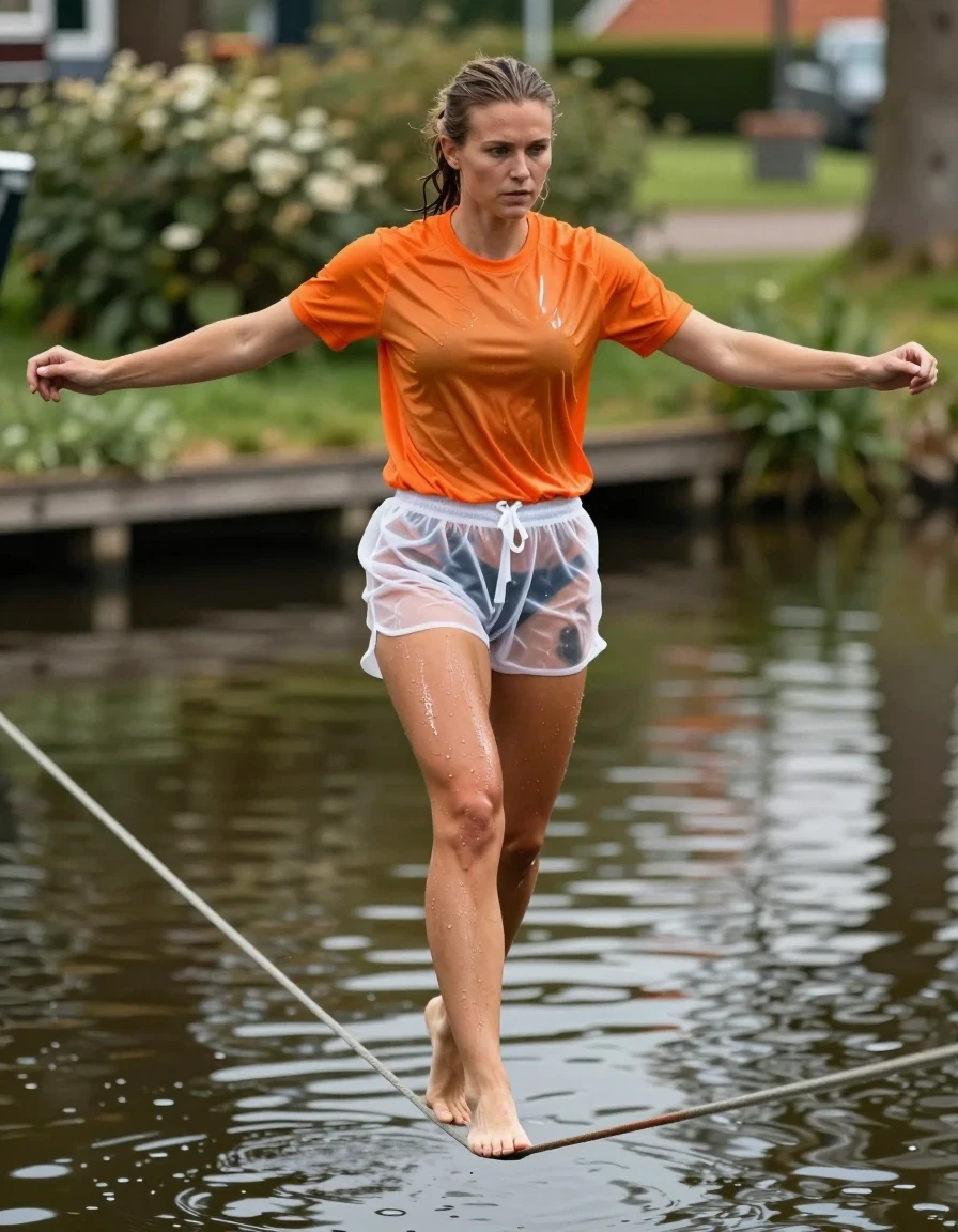 A slim young adult Dutch woman with athletic build walking across a tight slackline suspended over a picturesque Dutch canal. She is wearing a clingy, orange Holland football shirt and translucent, wet white Holland football shorts, both fabrics appearing heavy, soaked, and clinging tightly to her skin with visible water sheen and dark, saturated patches. She is barefoot, with her arms outstretched for balance, showing a focused expression. The lighting is natural daylight reflecting off the canal water, casting a bright, glossy glow on her damp skin and wet hair. Photorealistic, high-detail textures, 8k resolution, cinematic composition focusing on the tension of the slackline and the wet fabric details, sharp focus, natural skin texture, professional photography style.