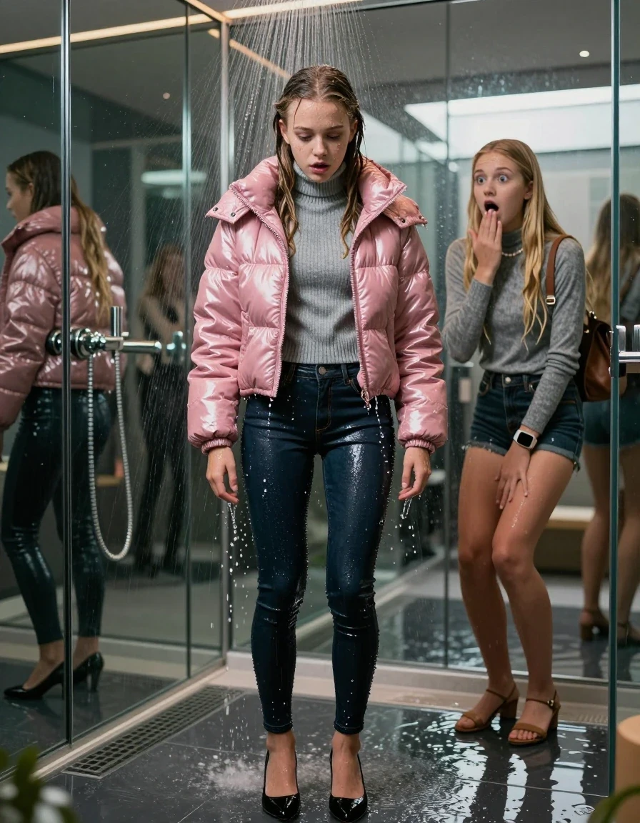 photo of young woman, in soaking wet, drenched clothes,
black heels, glistening soaked tight skinny jeans, Glistening pink shiny puffer down jacket from monclare,  glistening soaked tight grey knit turtleneck sweater belly free, shoulderbag, pearl necklace, smartwatch , 15-year-old teenage girl standing under wide stream of water in a modern mirrored luxury shower, her friend stands shocked beside her, 
enjoying, wet clothes stuck to body,
detailed textures of the wet clothes, wet face, wet plastered hair,
wet, drenched, professional, high-quality details, full body view.
sharp focus, ultra-high pixel detail, realistic, high-quality, full colors, incredibly detailed, 4k, 8k, 16k, hyper-realistic, RAW photo, masterpiece, ultra-detailed, professionally color graded, professional photograph, behind view: 15-year-old teenage girl. looking at camera.
wet plastered hair. blonde sleek long straight hair. shocked and astonished. open mouth, big eyes. hold a hand on her mouth, pressed the knees together.

The jet of water hits her head directly from above.

her clothes are heavy from the water, water runs from her body and her clothes in streams. A lot of water also runs out of her clothes. Her clothes are darkened by the water. Her submerged clothes are clinging wet. 
soft atmospheric lighting reflecting off the surface, cinematic medium shot, hyper-realistic wetness, high-contrast water sheen, 8k resolution, sharp focus, detailed skin texture., wet skin, wet clothes, damp fabric,, wet skin, wet clothes, damp fabric, wet skin, wet clothes, damp fabric, wet skin, wet clothes, damp fabric, wet skin, wet clothes, damp fabric, wet skin, wet clothes, damp fabric, wet skin, wet clothes, damp fabric, wet skin, wet clothes, damp fabric, wet skin, wet clothes, damp fabric, wet skin, wet clothes, damp fabric