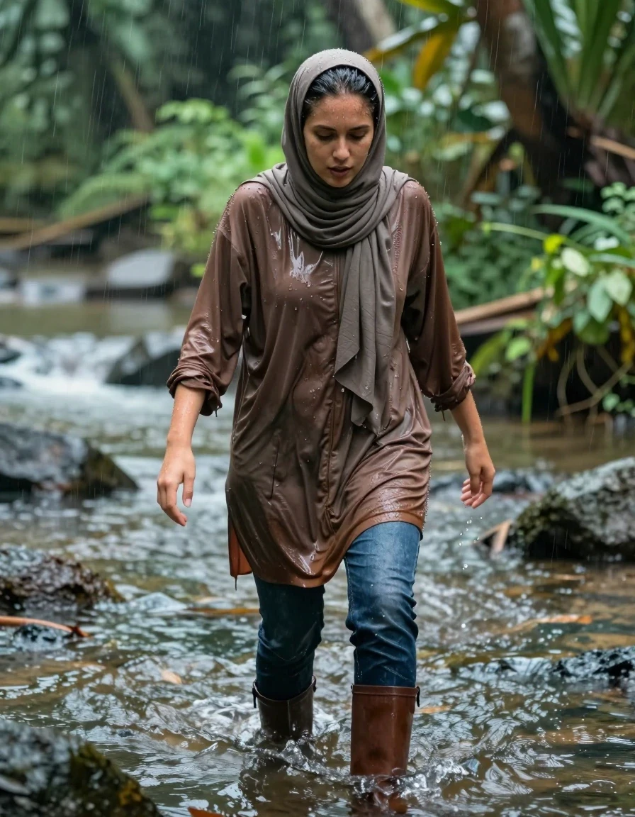 photo of young woman, in soaking wet, drenched clothes,
Boots, Boyfriend jeans , Brown tunic , Tropical rain, wading through a stream , 
enjoying, wet clothes stuck to body,
detailed textures of the wet clothes, wet face, wet plastered hair,
wet, drenched, professional, high-quality details, full body view.
sharp focus, ultra-high pixel detail, realistic, high-quality, full colors, incredibly detailed, 4k, 8k, 16k, hyper-realistic, RAW photo, masterpiece, ultra-detailed, professionally color graded, professional photograph, Hijab, wet skin, wet clothes, damp fabric