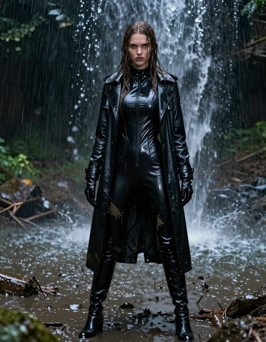 A photorealistic full-body shot of a young adult European woman with long, dripping wet brown hair, standing directly under a powerful waterfall in a dark, dense forest at night. She is wearing a full-body black PVC catsuit, a black PVC polar neck shirt layered underneath, a long black leather trench coat, black leather knee-high boots, and black leather gloves on both hands. Her skin and clothing are visibly drenched; the PVC and leather materials exhibit intense water sheen, heavy clinging, and glossy specular reflections from the moonlight. Her clothes and skin are heavily splattered and covered in dark, thick mud from the surrounding muddy field. The scene captures the heavy rain, with water cascading over her, creating realistic wet fabric folds and weight. The atmosphere is moody and dark, illuminated by cold, harsh lighting that emphasizes the texture of the wet materials and the muddy environment. High-detail photography, sharp focus, cinematic lighting, no nudity, fully clothed, realistic textures.